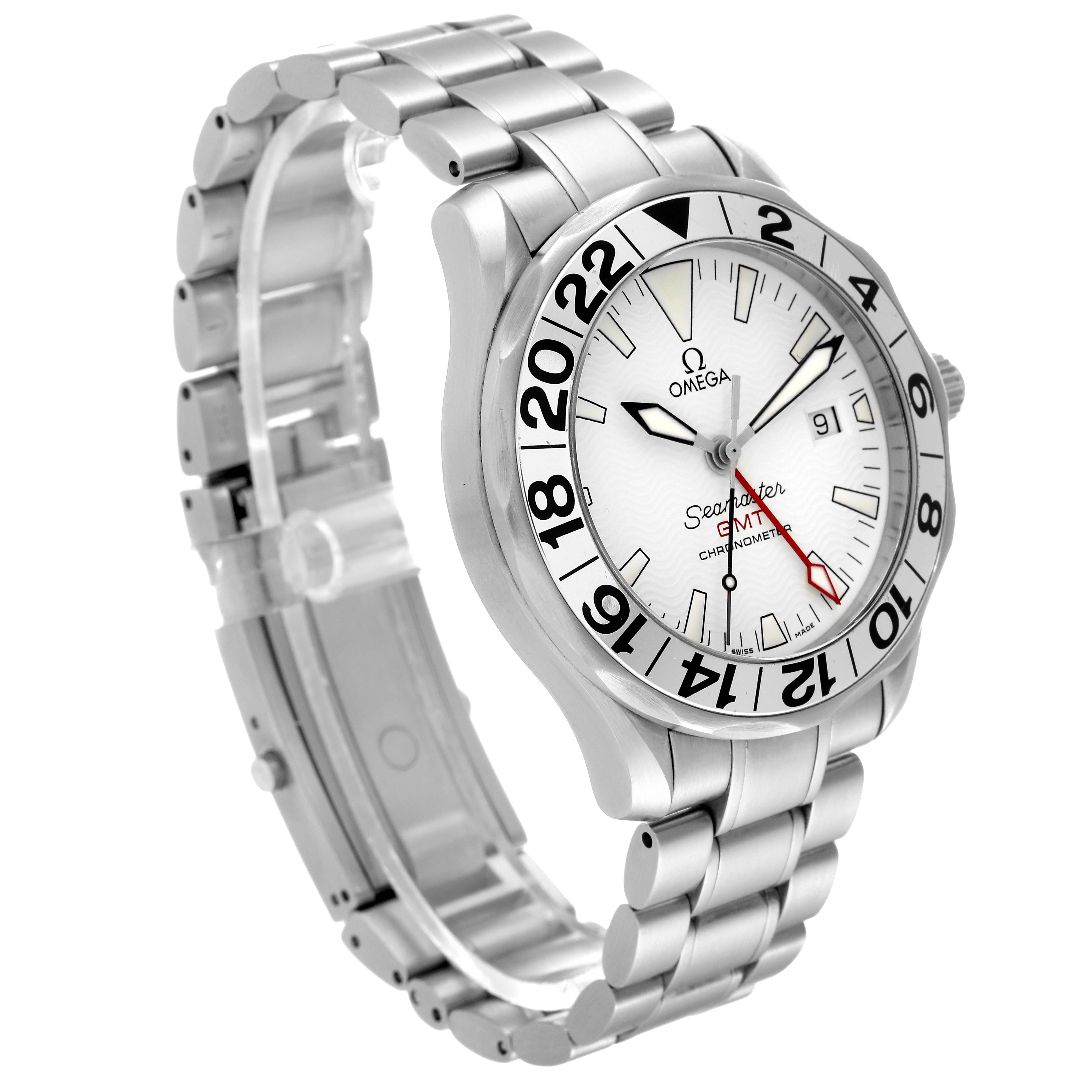 The Omega Seamaster 2538.20.00 Men's Stainless Steel White Dial 2538.20.00 Men's Stainless Steel White Dial watch is shown from a three-quarter angle, highlighting its face, bezel, crown, and metal strap.