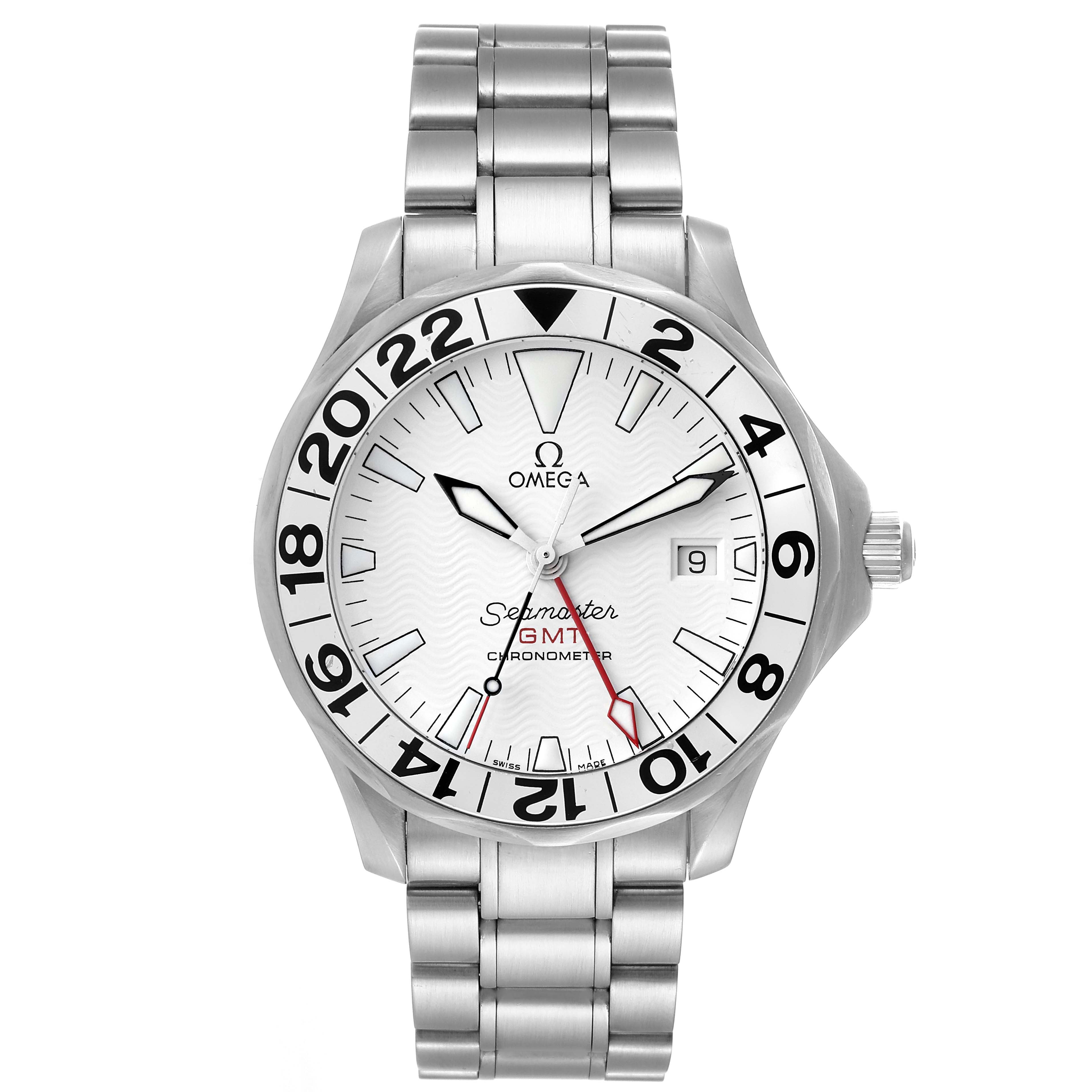 The image shows a front view of the Omega Seamaster 2538.20.00 Men's Stainless Steel White Dial 2538.20.00 Men's Stainless Steel White Dial GMT Chronometer watch with a stainless steel bracelet.