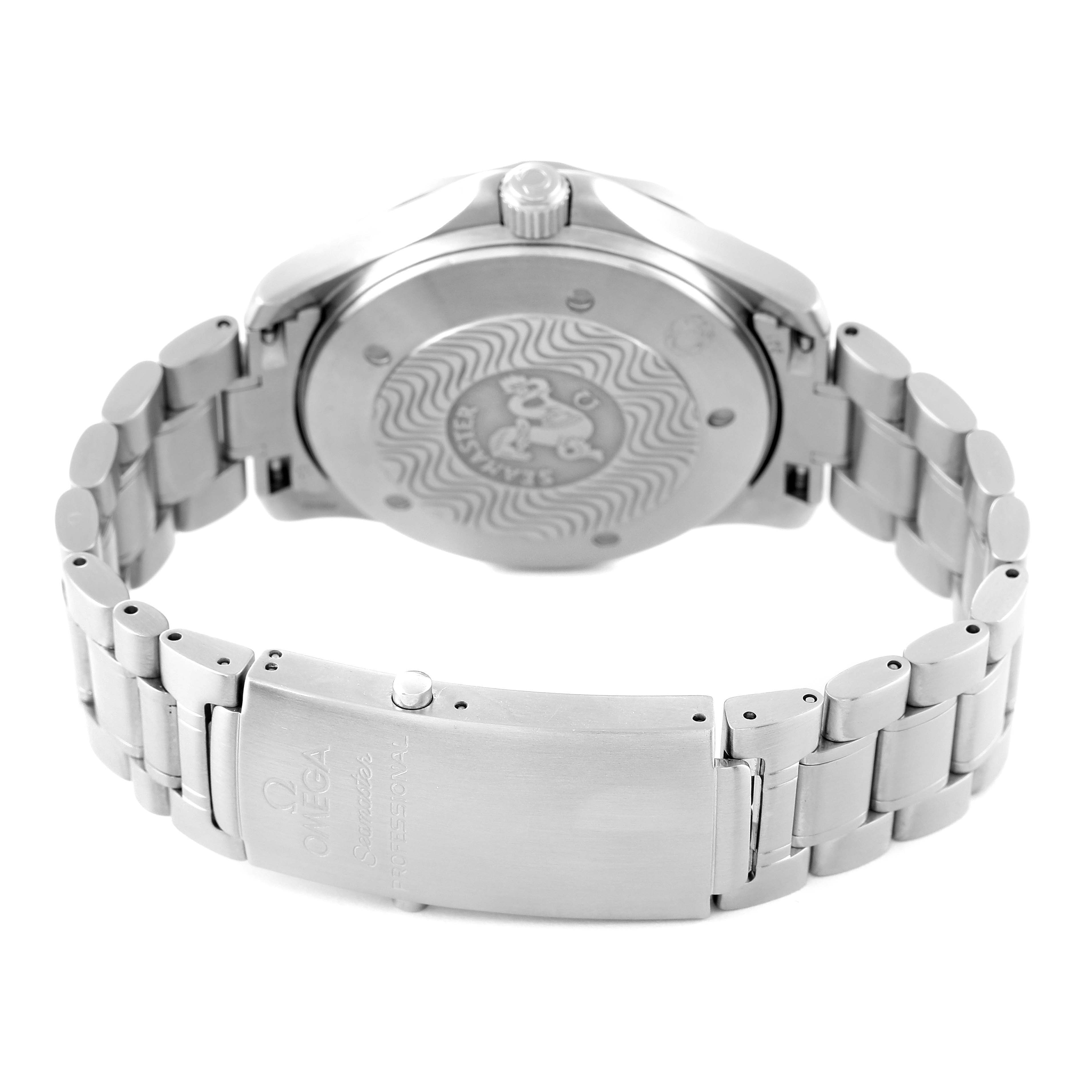 The image shows the back view of the Omega Seamaster 2538.20.00 Men's Stainless Steel White Dial 2538.20.00 Men's Stainless Steel White Dial watch, displaying its case back and stainless steel bracelet.