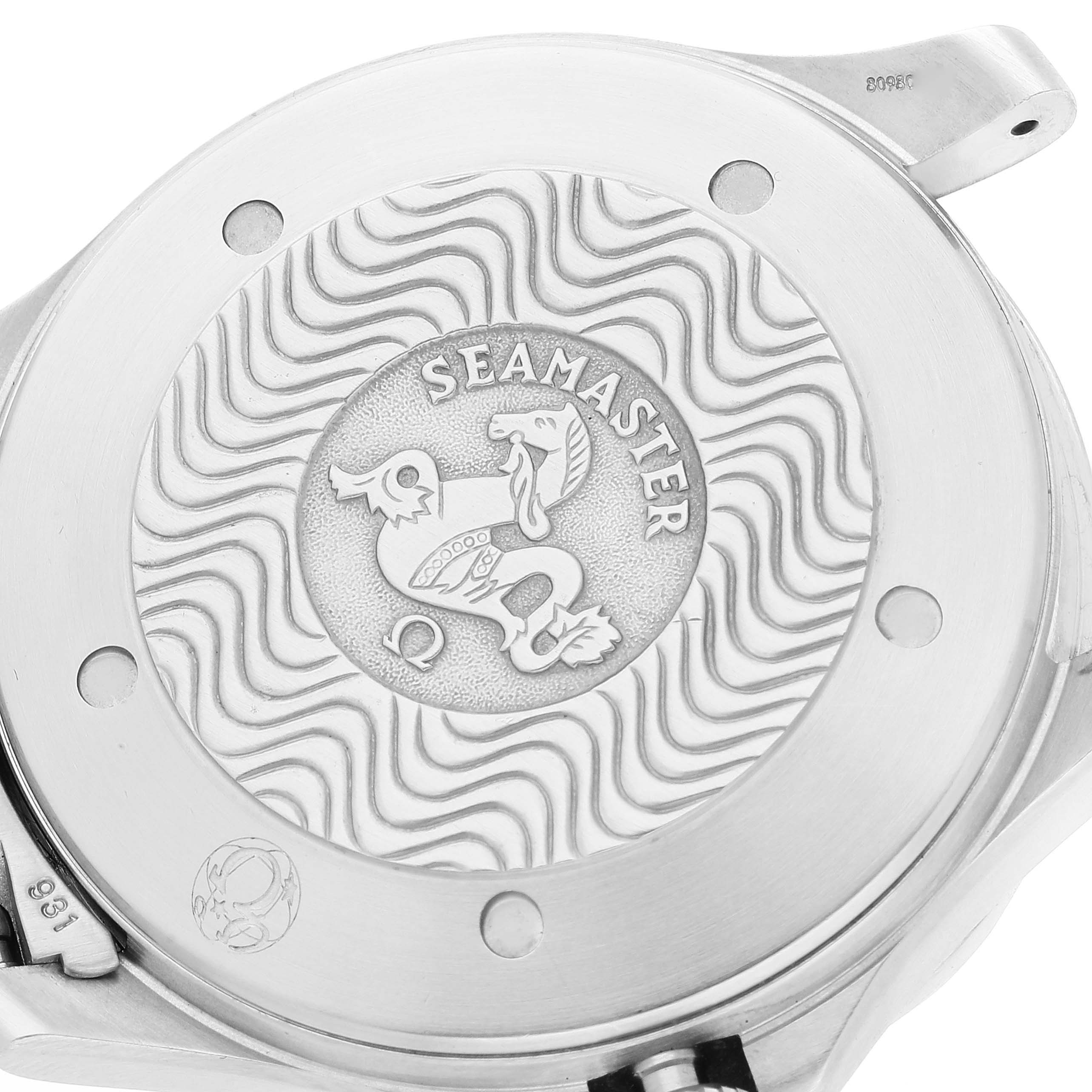 The image shows the case back of an Omega Seamaster 2538.20.00 Men's Stainless Steel White Dial 2538.20.00 Men's Stainless Steel White Dial watch at a slight angle, featuring the logo engraving.