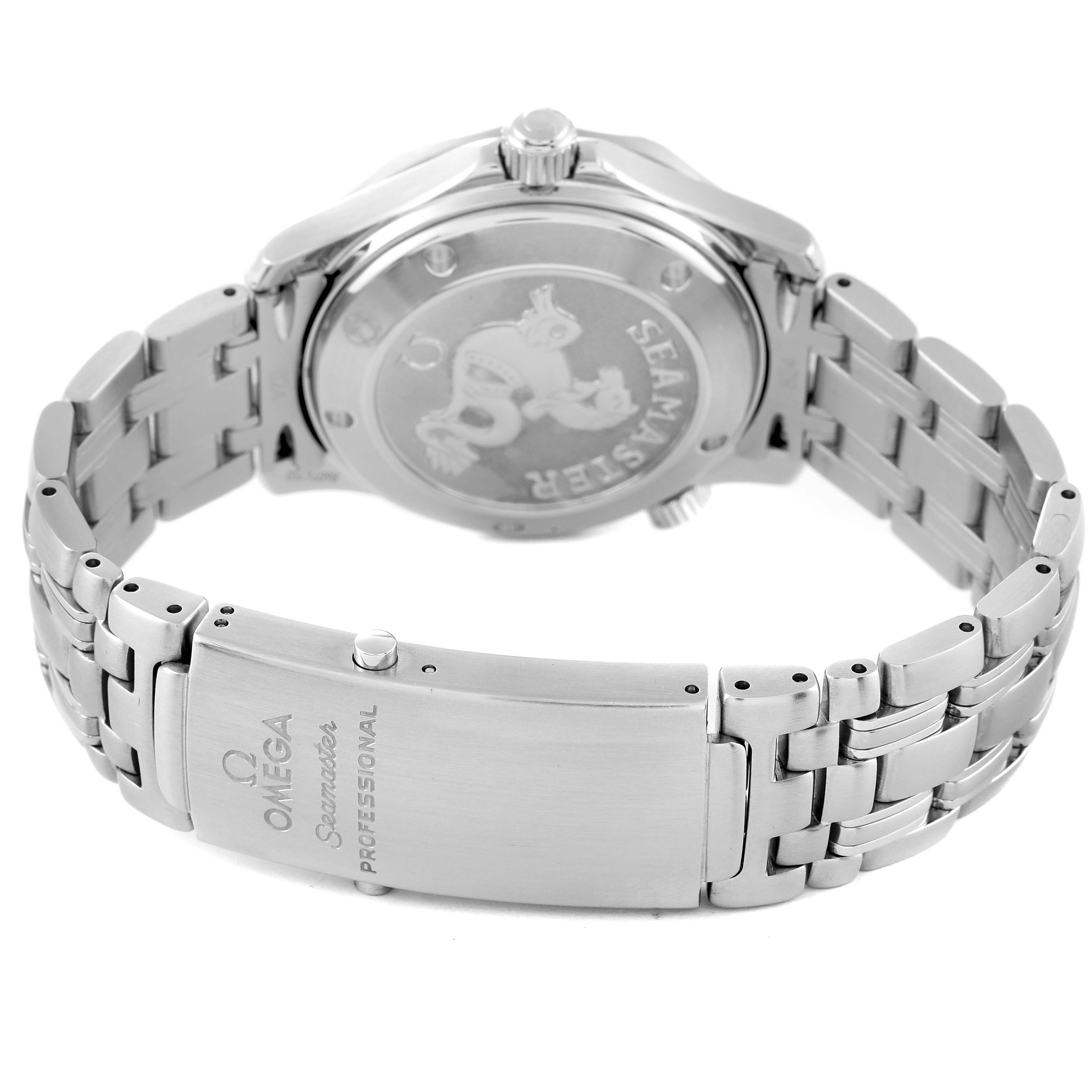 The image shows the back and clasp of an Omega Seamaster 212.30.36.20.01.001 Men's Stainless Steel Black Dial 212.30.36.20.01.001 Men's Stainless Steel Black Dial watch, highlighting the bracelet and case back engravings.