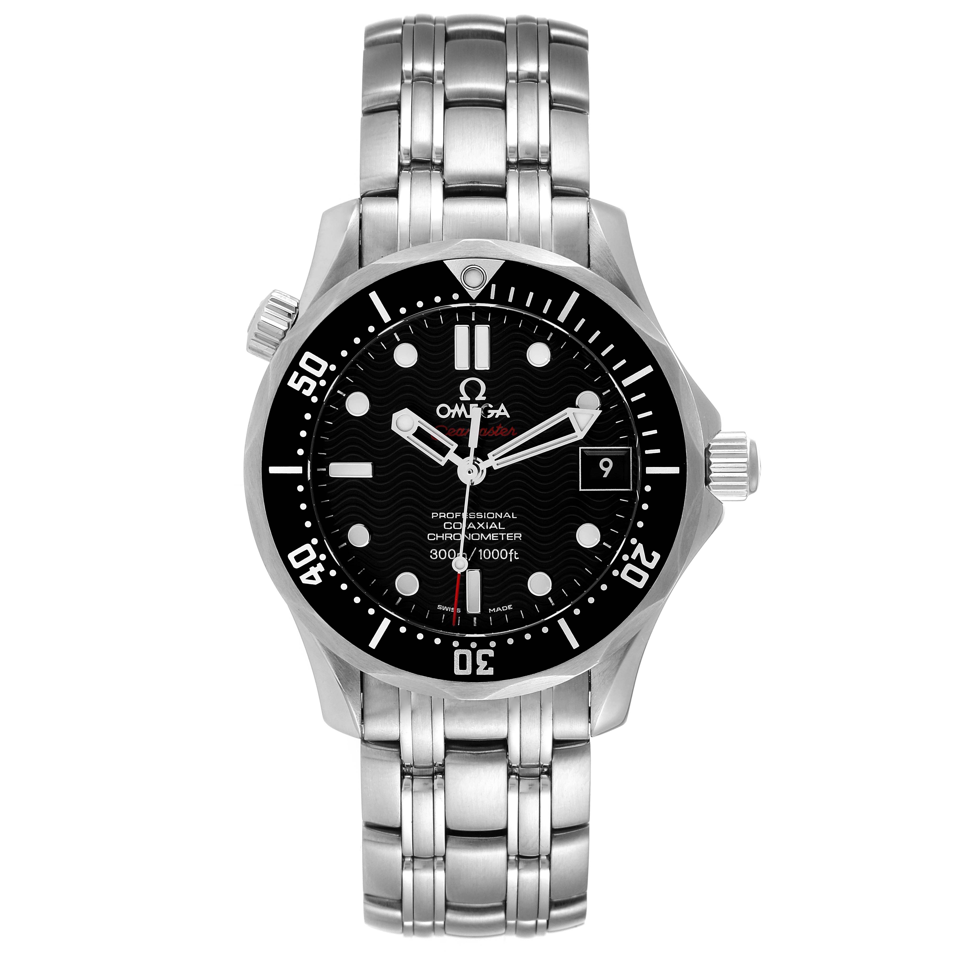The Omega Seamaster 212.30.36.20.01.001 Men's Stainless Steel Black Dial 212.30.36.20.01.001 Men's Stainless Steel Black Dial watch is shown from the front, highlighting its dial, bezel, hands, date window, and stainless steel bracelet.