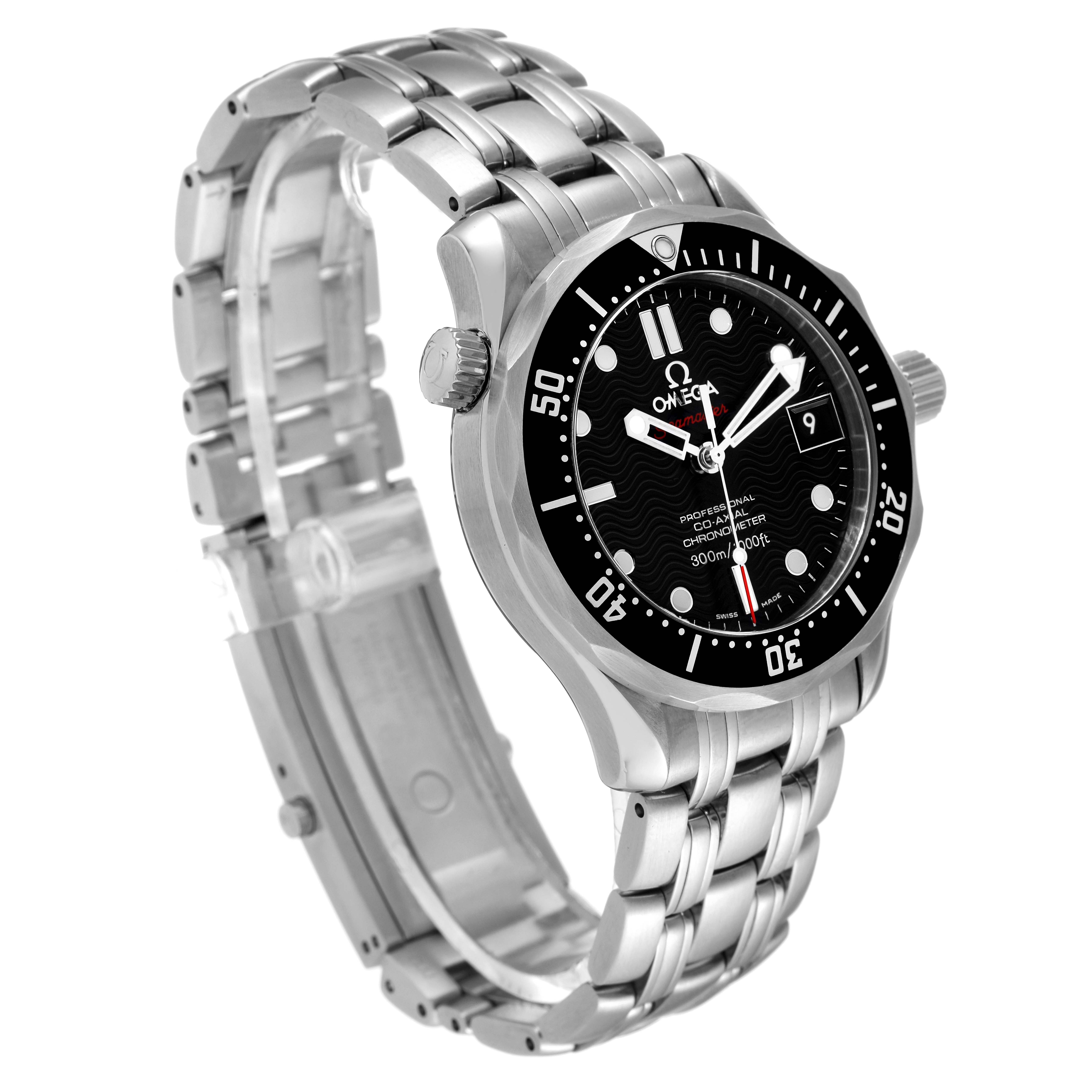 The Omega Seamaster 212.30.36.20.01.001 Men's Stainless Steel Black Dial 212.30.36.20.01.001 Men's Stainless Steel Black Dial watch is shown at an angled side view, showcasing the dial, bezel, and metal bracelet.