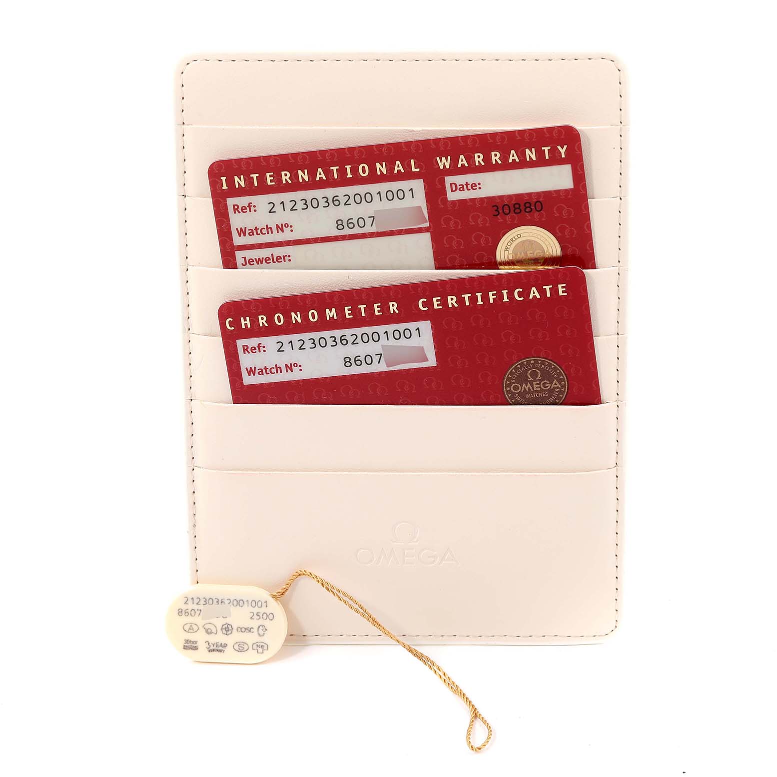 The image shows warranty and chronometer certificate cards for the Omega Seamaster 212.30.36.20.01.001 Men's Stainless Steel Black Dial 212.30.36.20.01.001 Men's Stainless Steel Black Dial watch, along with a tag, in a cardholder.