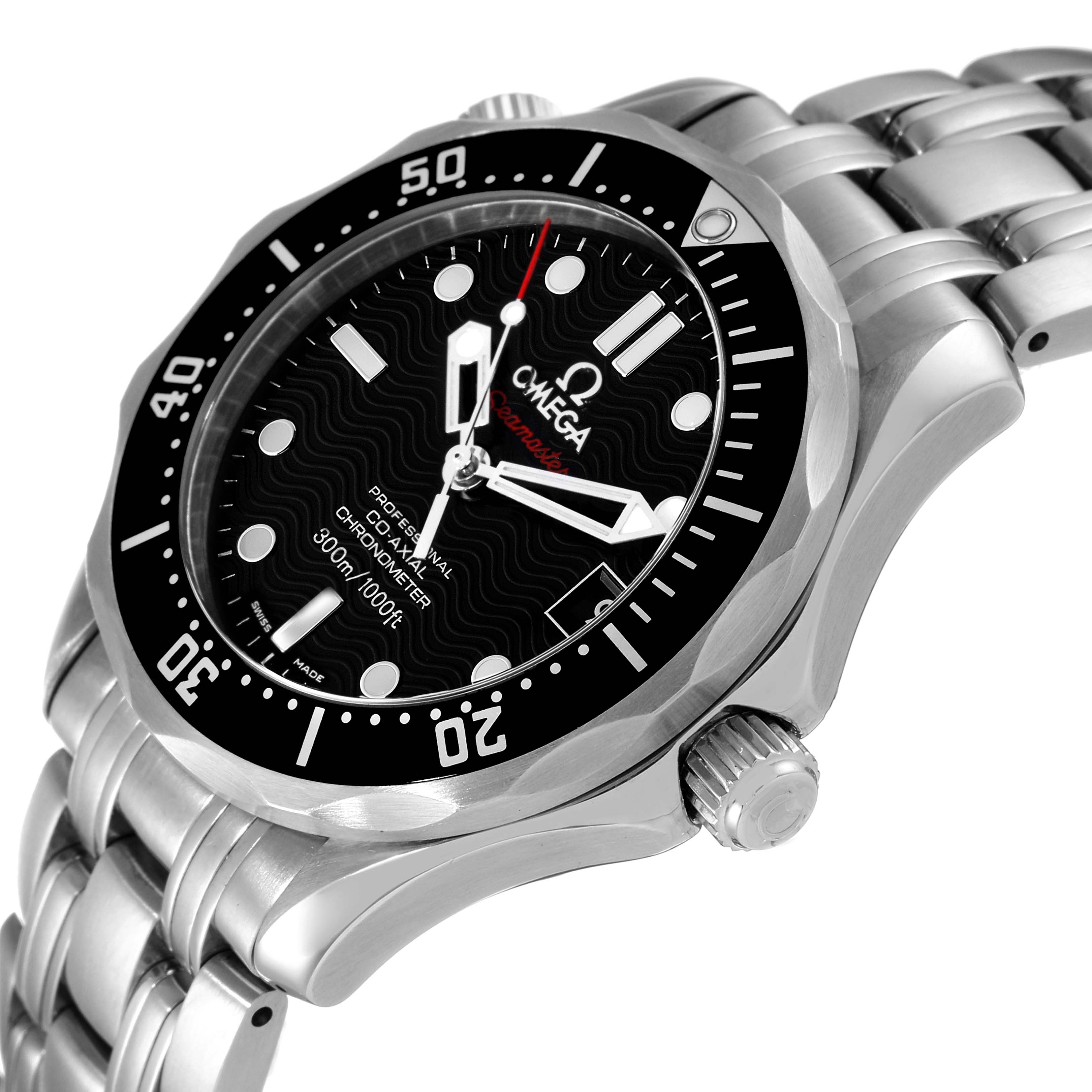 The image shows an angled view of an Omega Seamaster 212.30.36.20.01.001 Men's Stainless Steel Black Dial 212.30.36.20.01.001 Men's Stainless Steel Black Dial watch, highlighting its dial, bezel, crown, and bracelet.