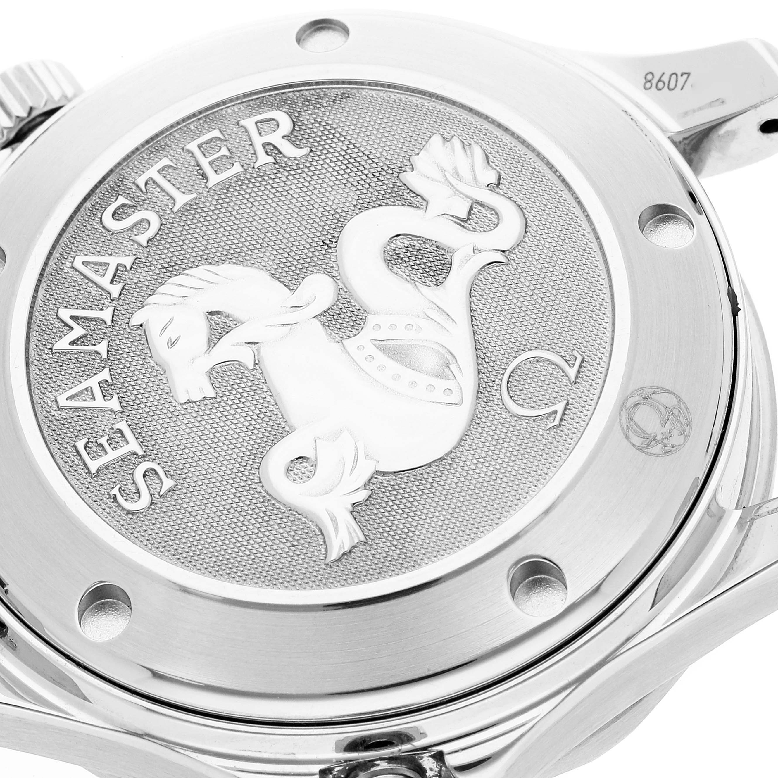 The image shows the case back of an Omega Seamaster 212.30.36.20.01.001 Men's Stainless Steel Black Dial 212.30.36.20.01.001 Men's Stainless Steel Black Dial watch, featuring its engraved emblem and text.