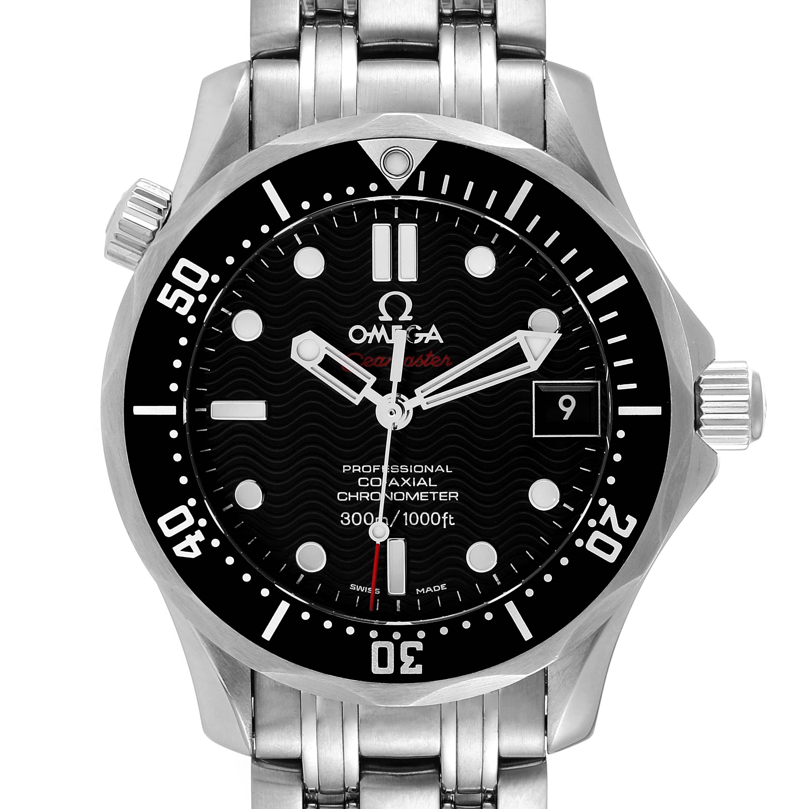 This image shows a front angle view of the Omega Seamaster 212.30.36.20.01.001 Men's Stainless Steel Black Dial 212.30.36.20.01.001 Men's Stainless Steel Black Dial watch, including its bezel, dial, hands, and bracelet.
