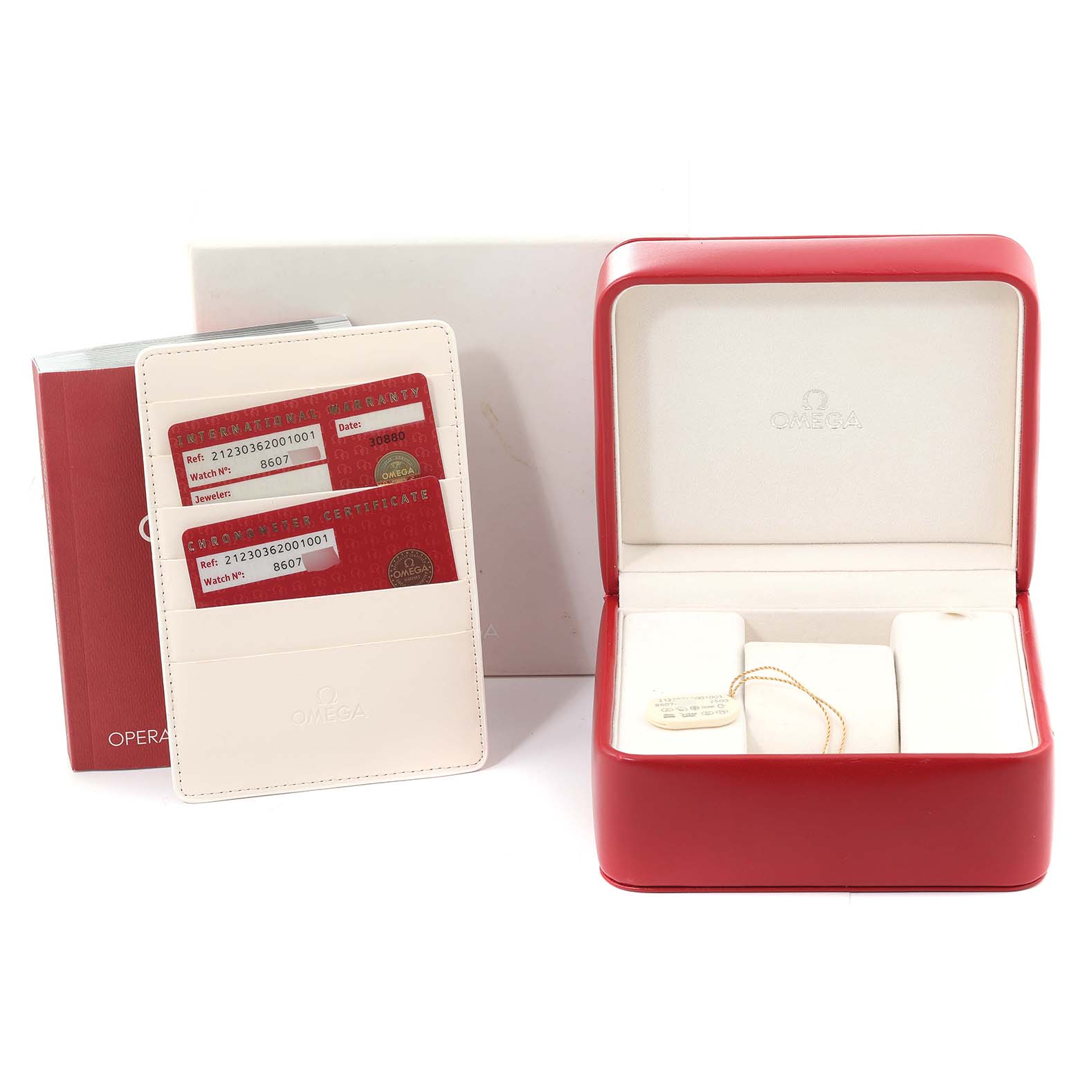 The image shows an Omega Seamaster 212.30.36.20.01.001 Men's Stainless Steel Black Dial 212.30.36.20.01.001 Men's Stainless Steel Black Dial watch box, operation manual, warranty cards, and certifications.