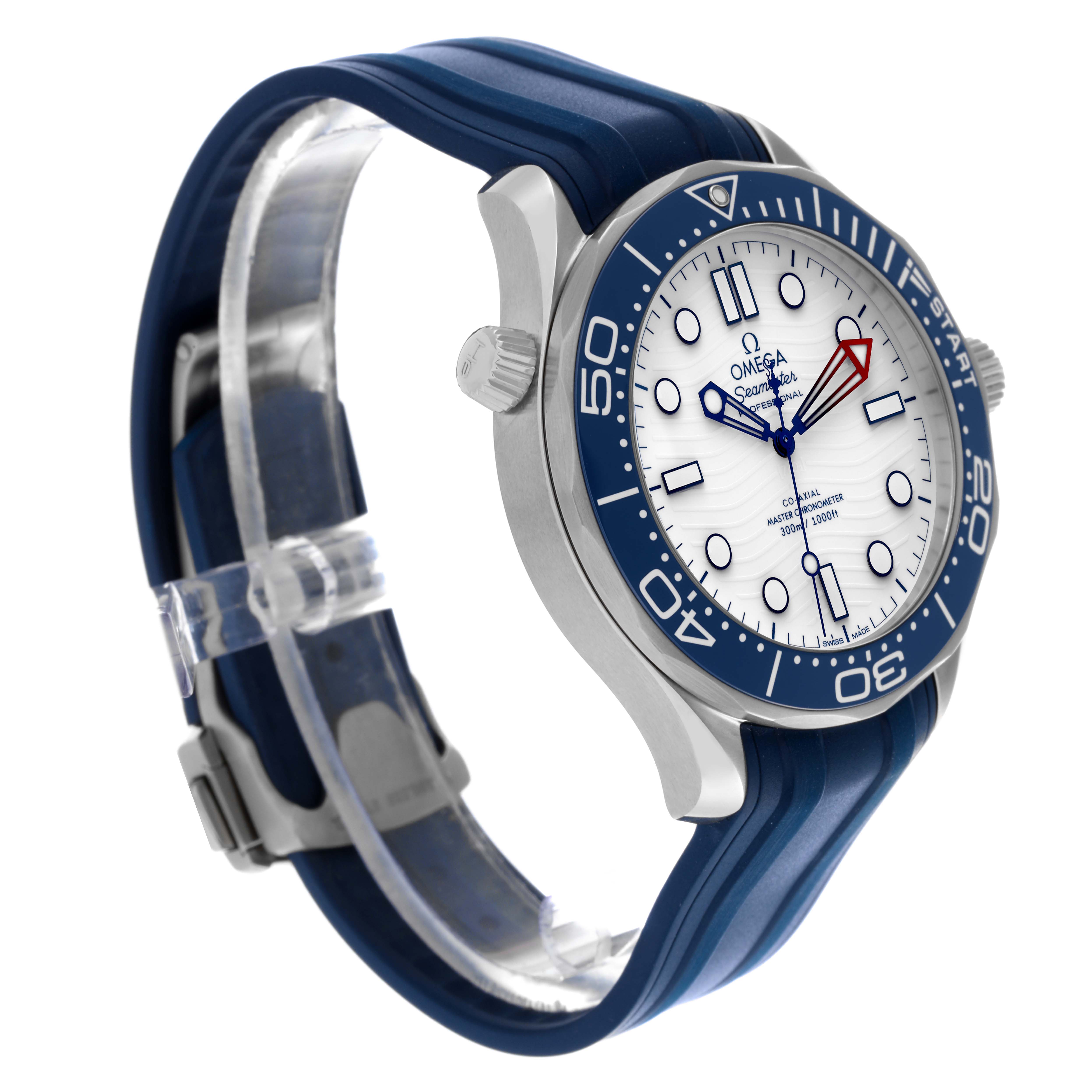 The Omega Seamaster 210.32.42.20.04.002 Men
s Stainless Steel White Dial 210.32.42.20.04.002 Men
s Stainless Steel White Dial watch is shown at a three-quarter angle, highlighting the bezel, face, and blue strap.