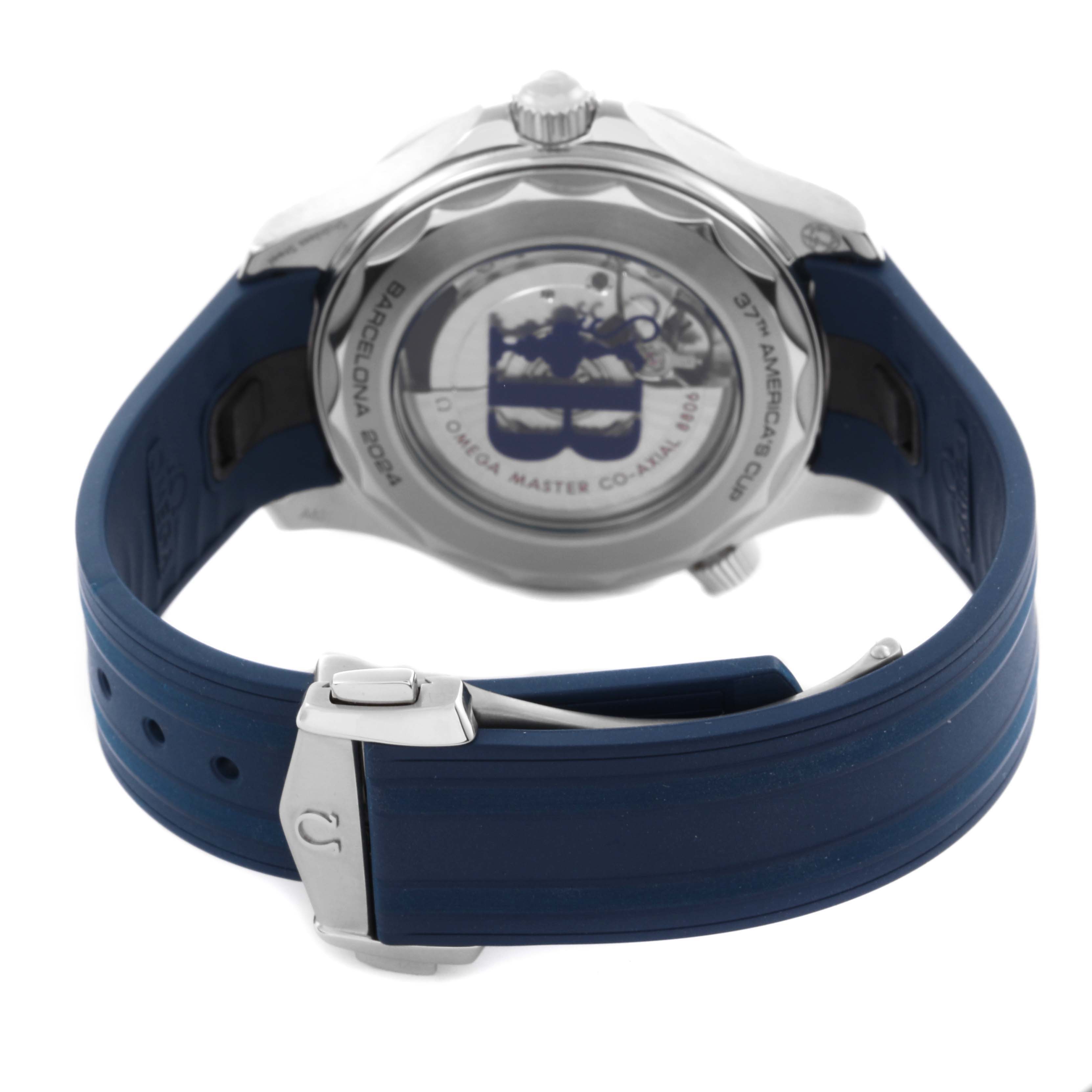 The image shows the back of the Omega Seamaster 210.32.42.20.04.002 Men
s Stainless Steel White Dial 210.32.42.20.04.002 Men
s Stainless Steel White Dial watch and its blue strap at a rear angle.