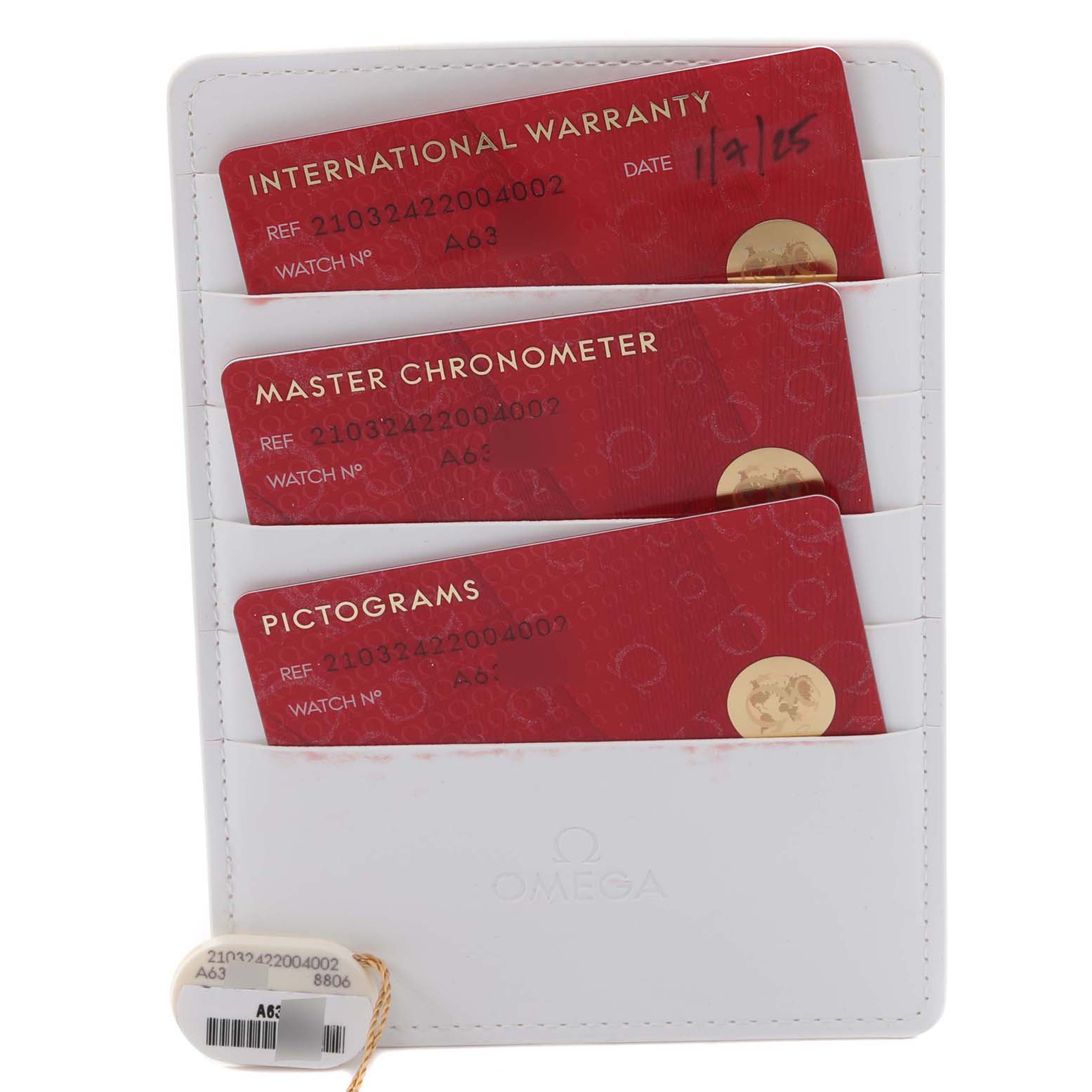 The image shows three warranty and certification cards in a white Omega cardholder for the Omega Seamaster 210.32.42.20.04.002 Men
s Stainless Steel White Dial 210.32.42.20.04.002 Men
s Stainless Steel White Dial model.