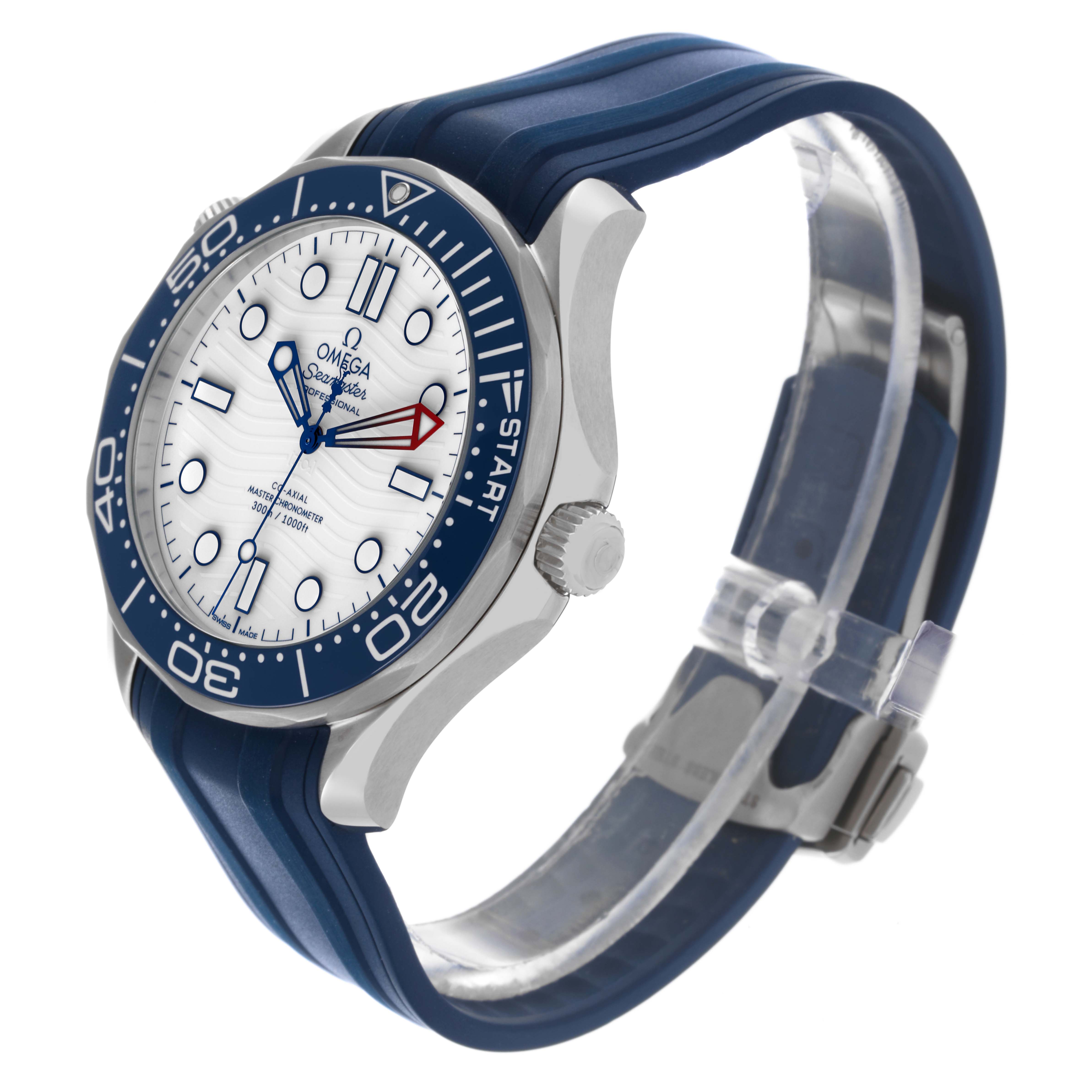 The Omega Seamaster 210.32.42.20.04.002 Men
s Stainless Steel White Dial 210.32.42.20.04.002 Men
s Stainless Steel White Dial watch is shown at a side angle, highlighting the bezel, crown, dial, and strap.