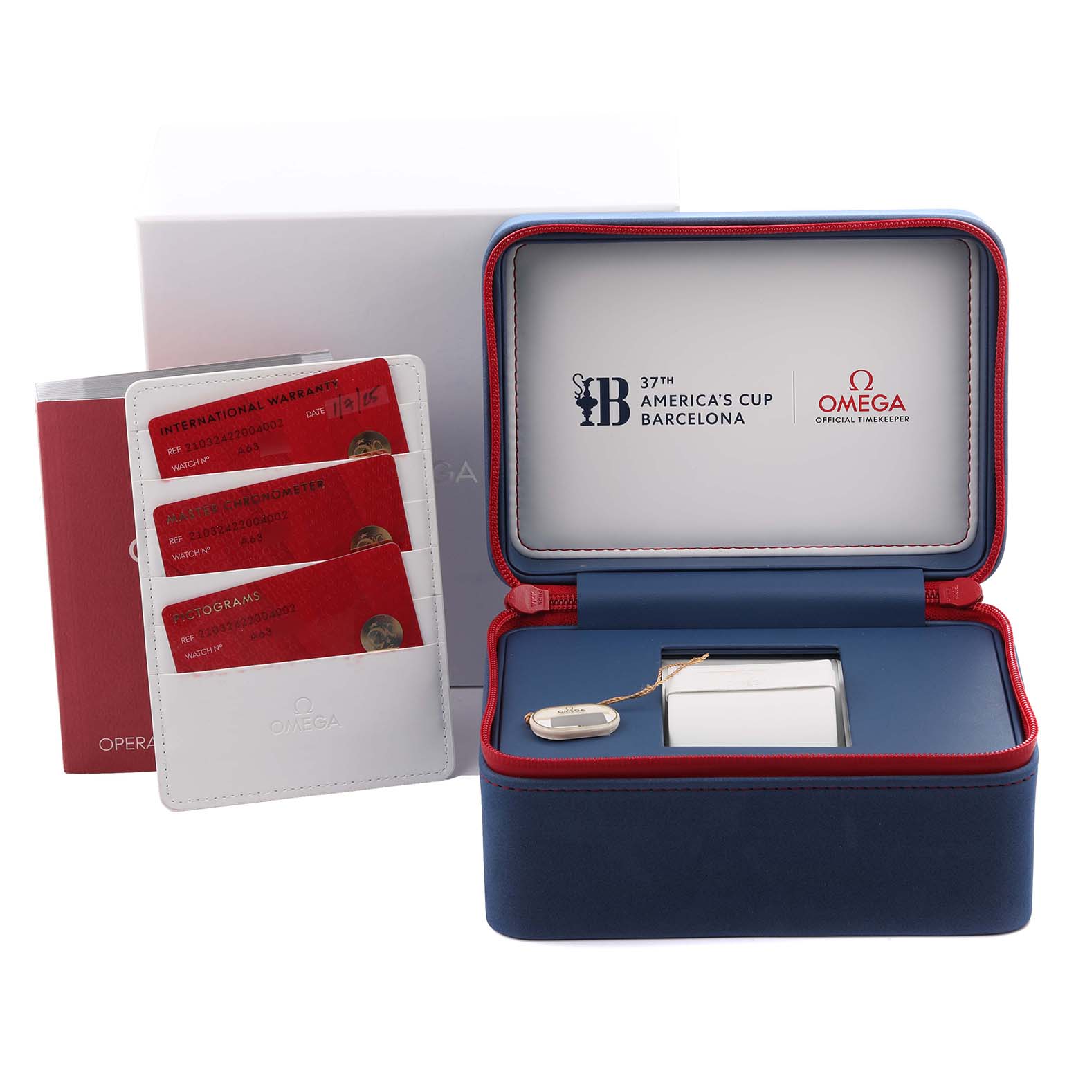 The image shows the accessories for an Omega Seamaster 210.32.42.20.04.002 Men
s Stainless Steel White Dial 210.32.42.20.04.002 Men
s Stainless Steel White Dial, including a warranty, cards, and a presentation box.