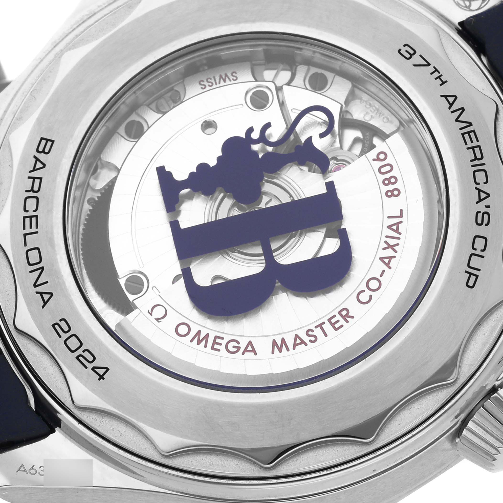 The image shows the back of the Omega Seamaster 210.32.42.20.04.002 Men
s Stainless Steel White Dial 210.32.42.20.04.002 Men
s Stainless Steel White Dial watch, highlighting the transparent case back and the Omega Master Co-Axial 8806 movement.