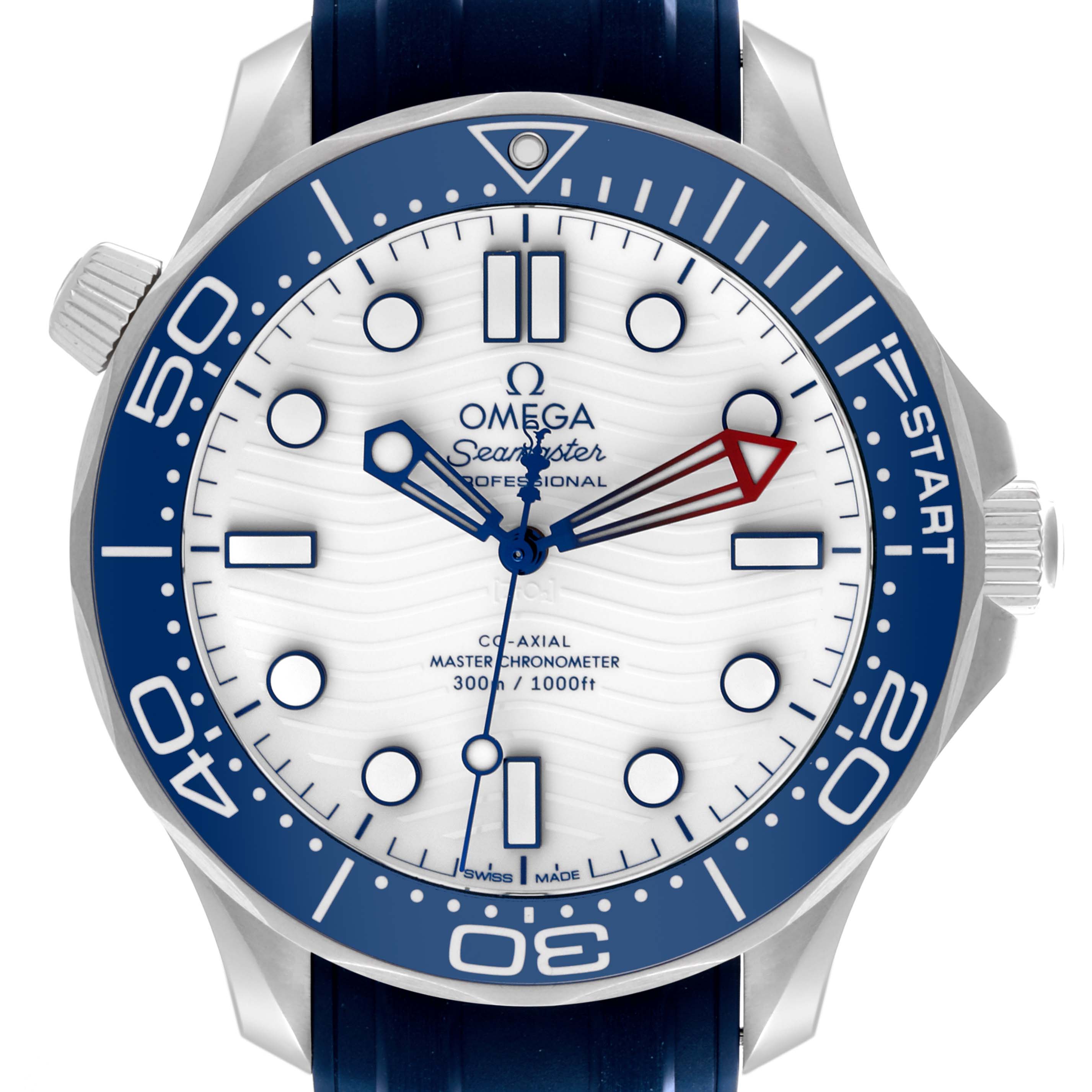 The image shows a front view of the Omega Seamaster 210.32.42.20.04.002 Men
s Stainless Steel White Dial 210.32.42.20.04.002 Men
s Stainless Steel White Dial watch, highlighting its bezel, dial, and hands.