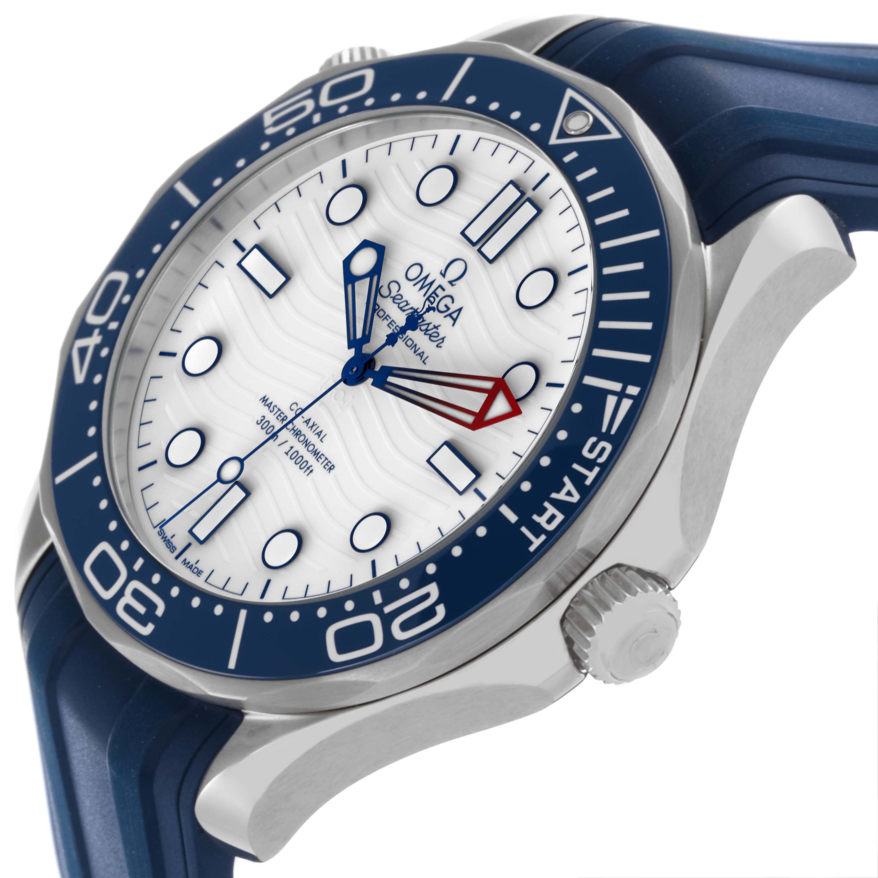 The Omega Seamaster 210.32.42.20.04.002 Men
s Stainless Steel White Dial 210.32.42.20.04.002 Men
s Stainless Steel White Dial watch is shown at a side angle, highlighting its dial, bezel, crown, and strap.