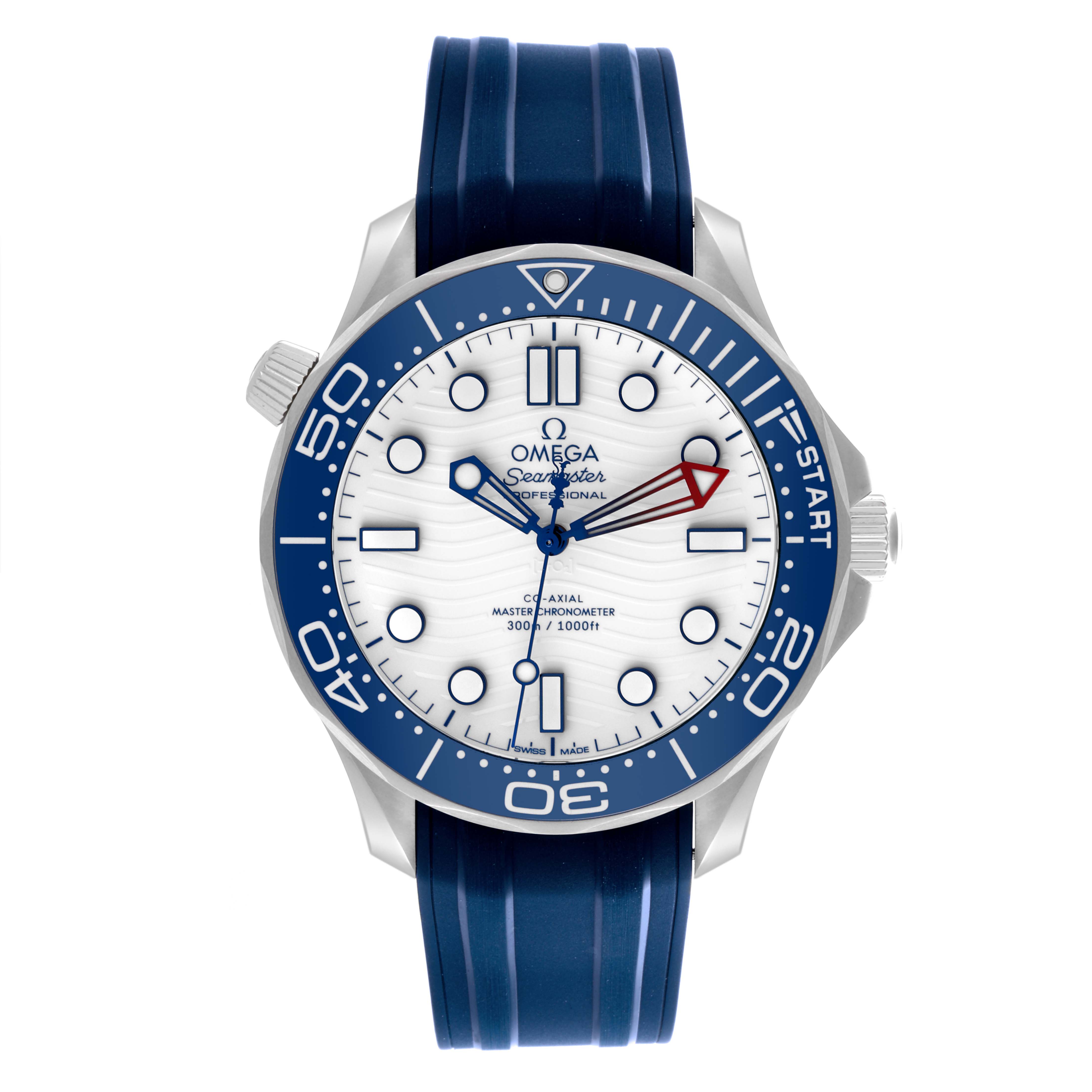 The Omega Seamaster 210.32.42.20.04.002 Men
s Stainless Steel White Dial 210.32.42.20.04.002 Men
s Stainless Steel White Dial is shown from a front angle, displaying the white dial, blue bezel, rubber strap, and visible crown.