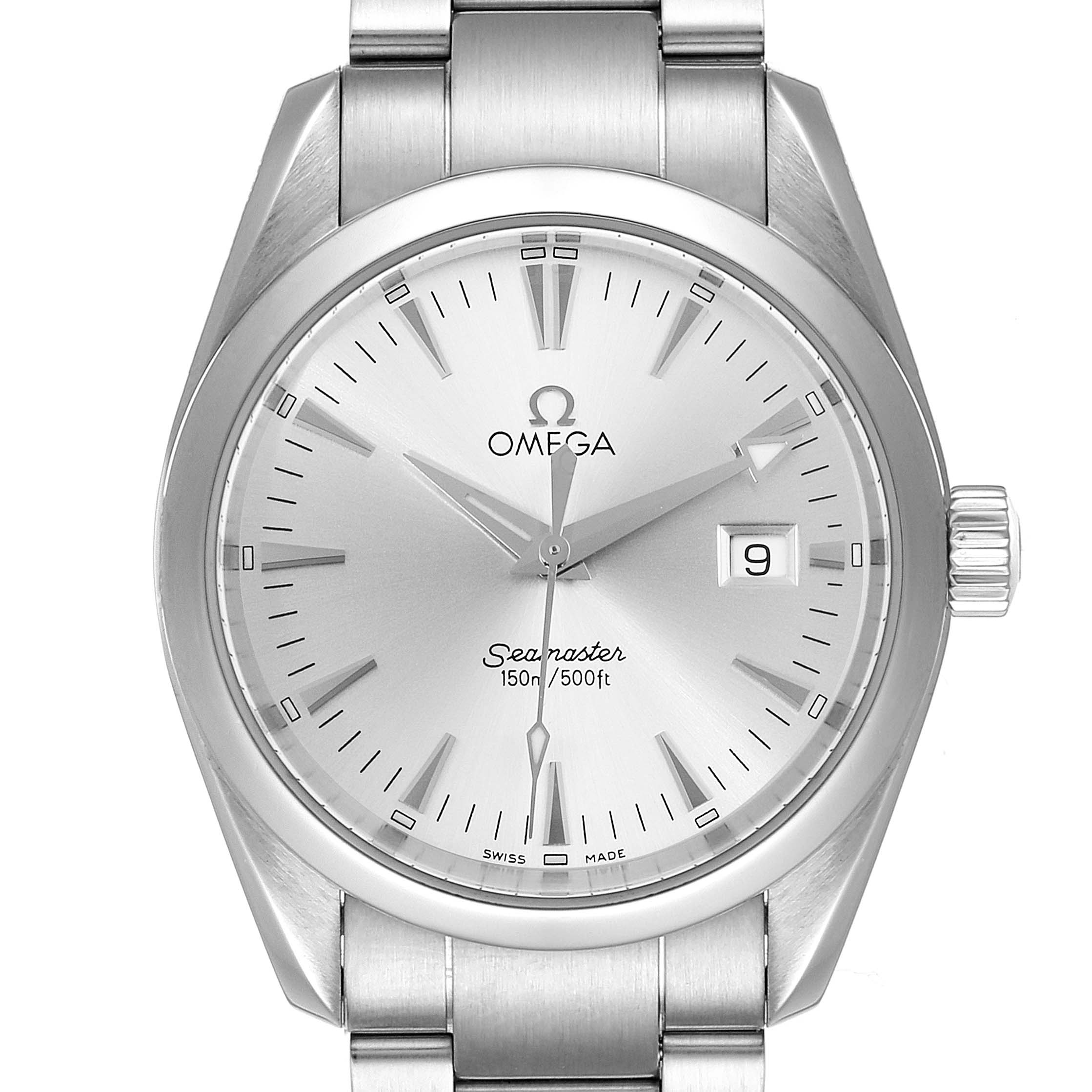 The image shows a front view of the Omega Aqua Terra 2518.30.00 Men's Stainless Steel Silver Dial 2518.30.00 Men's Stainless Steel Silver Dial watch, highlighting its dial, hands, date window, and stainless steel bracelet.