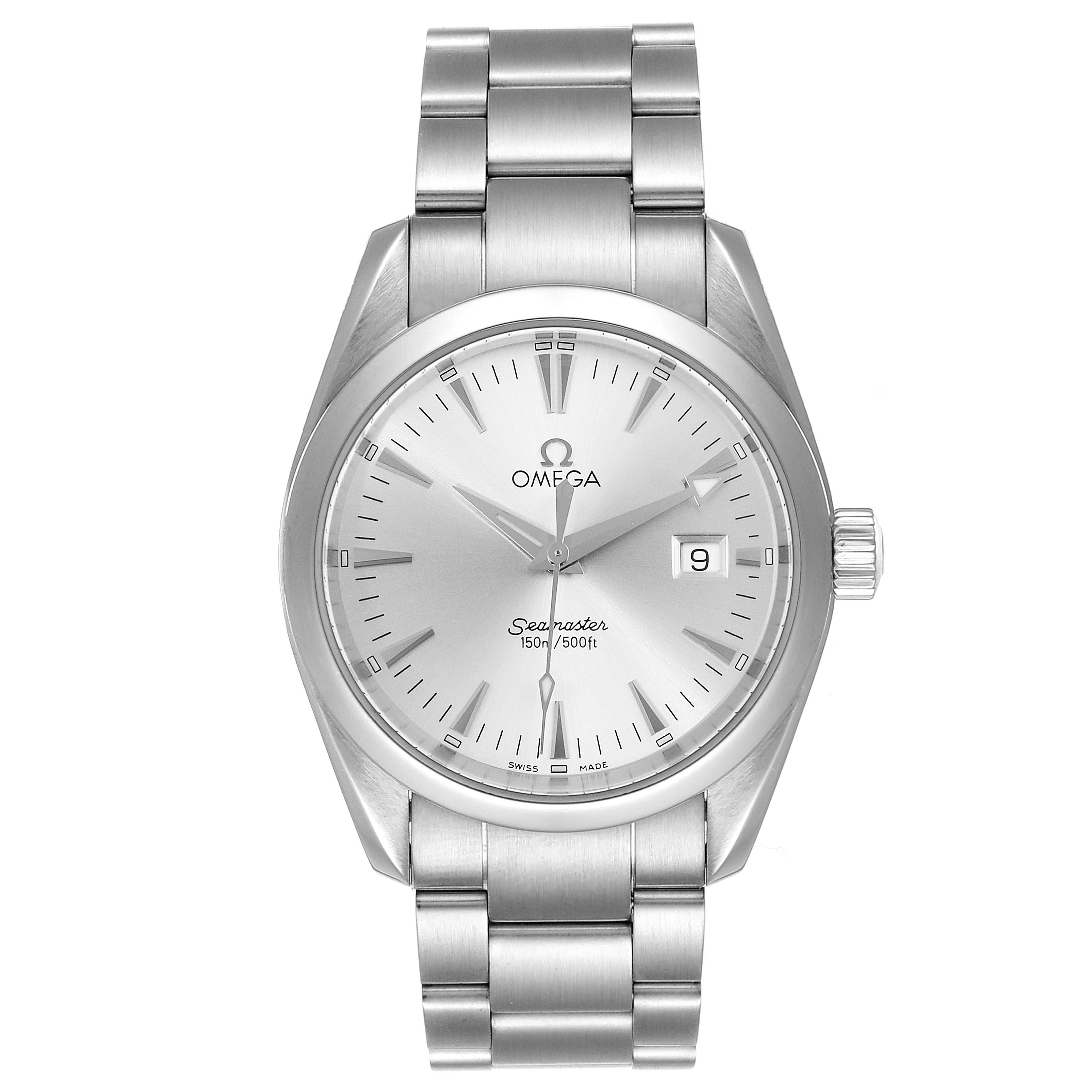 The image shows an Omega Aqua Terra 2518.30.00 Men's Stainless Steel Silver Dial 2518.30.00 Men's Stainless Steel Silver Dial watch from the front, highlighting the dial, hands, date window, and stainless steel bracelet.