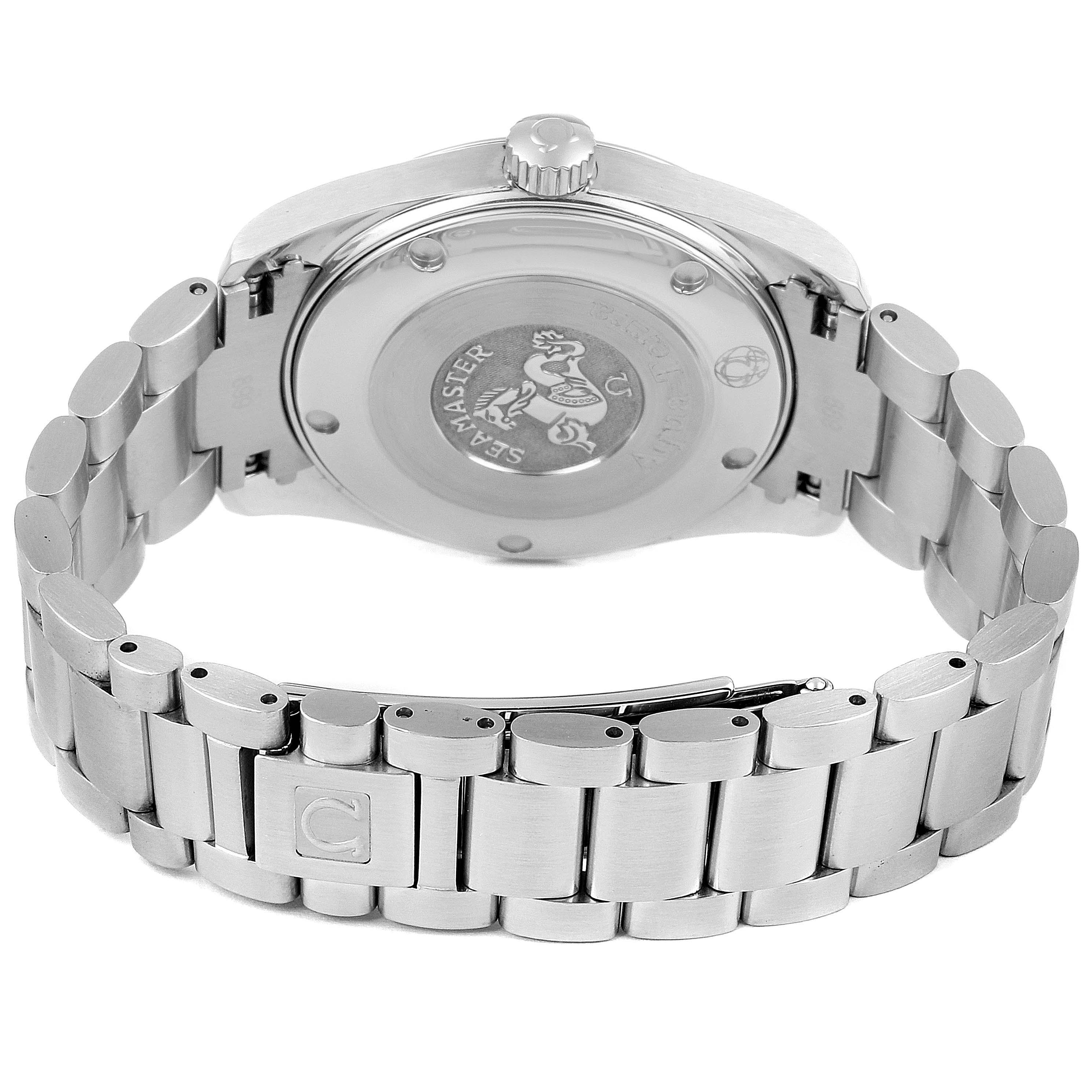 The image shows the back case and bracelet of the Omega Aqua Terra 2518.30.00 Men's Stainless Steel Silver Dial 2518.30.00 Men's Stainless Steel Silver Dial watch, highlighting the clasp and the case back details.