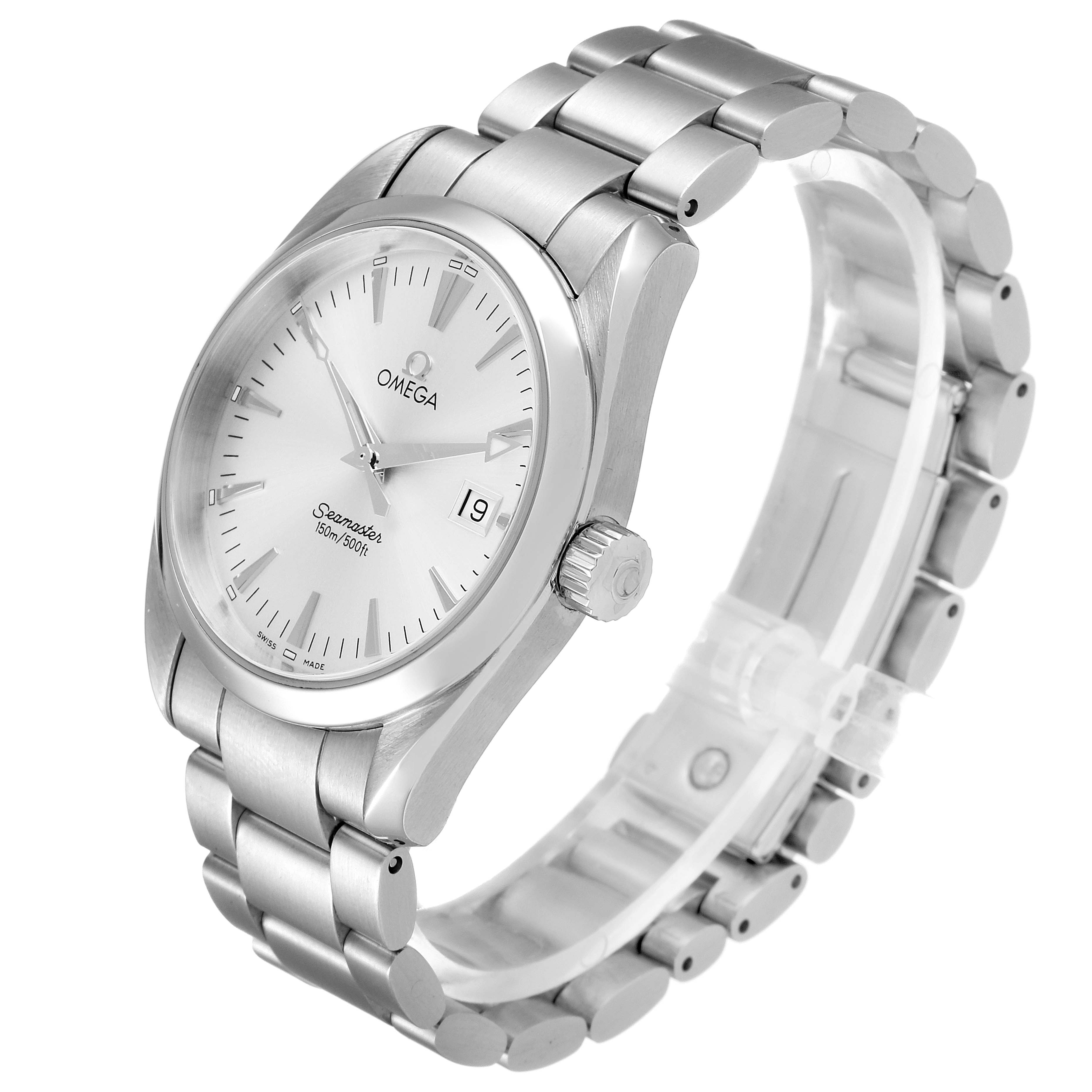 The Omega Aqua Terra 2518.30.00 Men's Stainless Steel Silver Dial 2518.30.00 Men's Stainless Steel Silver Dial watch is shown at a three-quarter angle, displaying the face, bezel, crown, and metal bracelet.