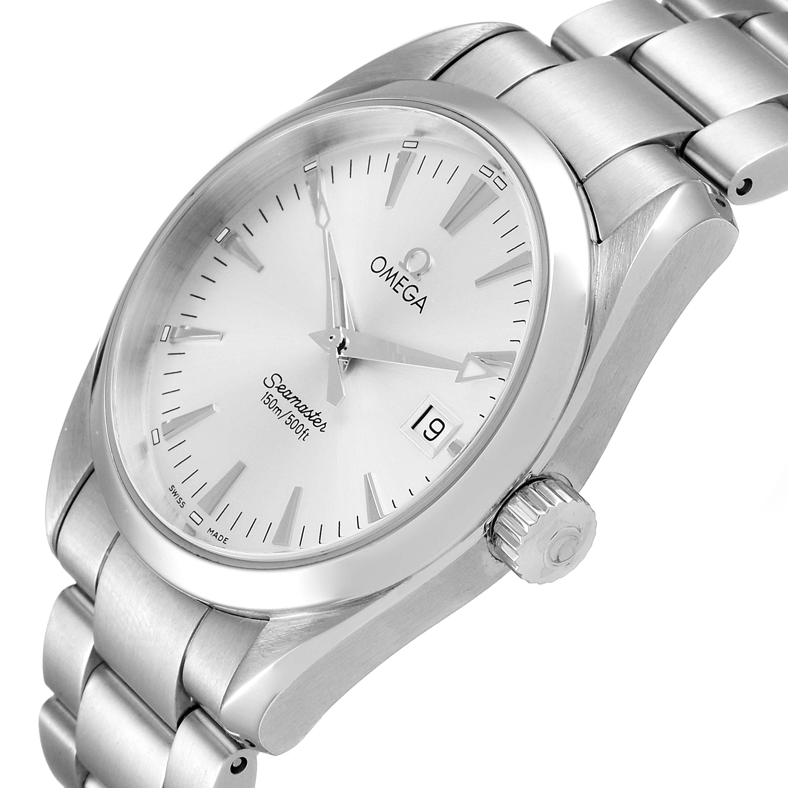 The image shows a side angle of an Omega Aqua Terra 2518.30.00 Men's Stainless Steel Silver Dial 2518.30.00 Men's Stainless Steel Silver Dial watch, featuring its dial, bezel, crown, and bracelet.