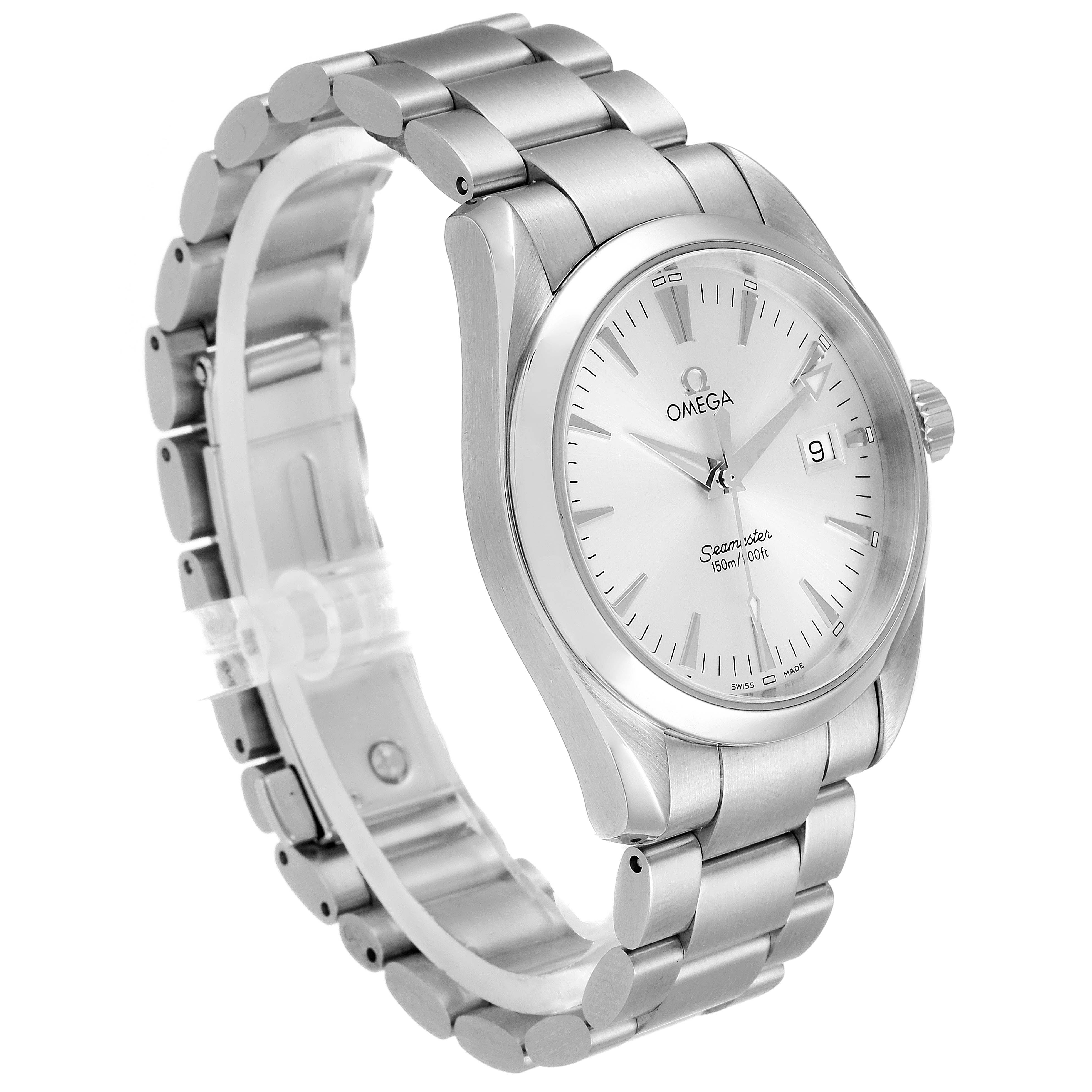 The Omega Aqua Terra 2518.30.00 Men's Stainless Steel Silver Dial 2518.30.00 Men's Stainless Steel Silver Dial watch is shown at a three-quarter angle, displaying its face and metal bracelet band.