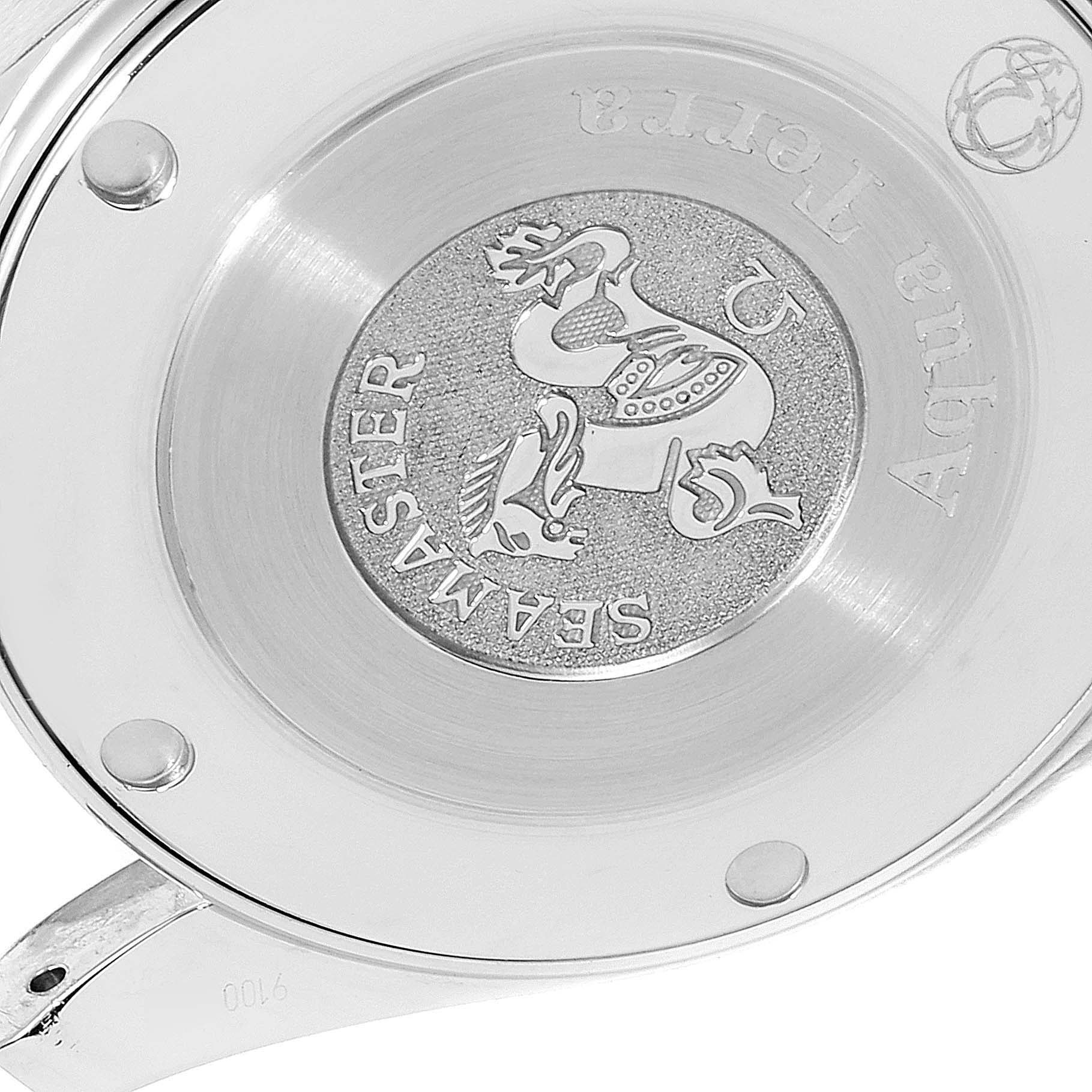 This image shows a close-up of the case back of an Omega Aqua Terra 2518.30.00 Men's Stainless Steel Silver Dial 2518.30.00 Men's Stainless Steel Silver Dial watch, highlighting its Seamasters logo and engravings.