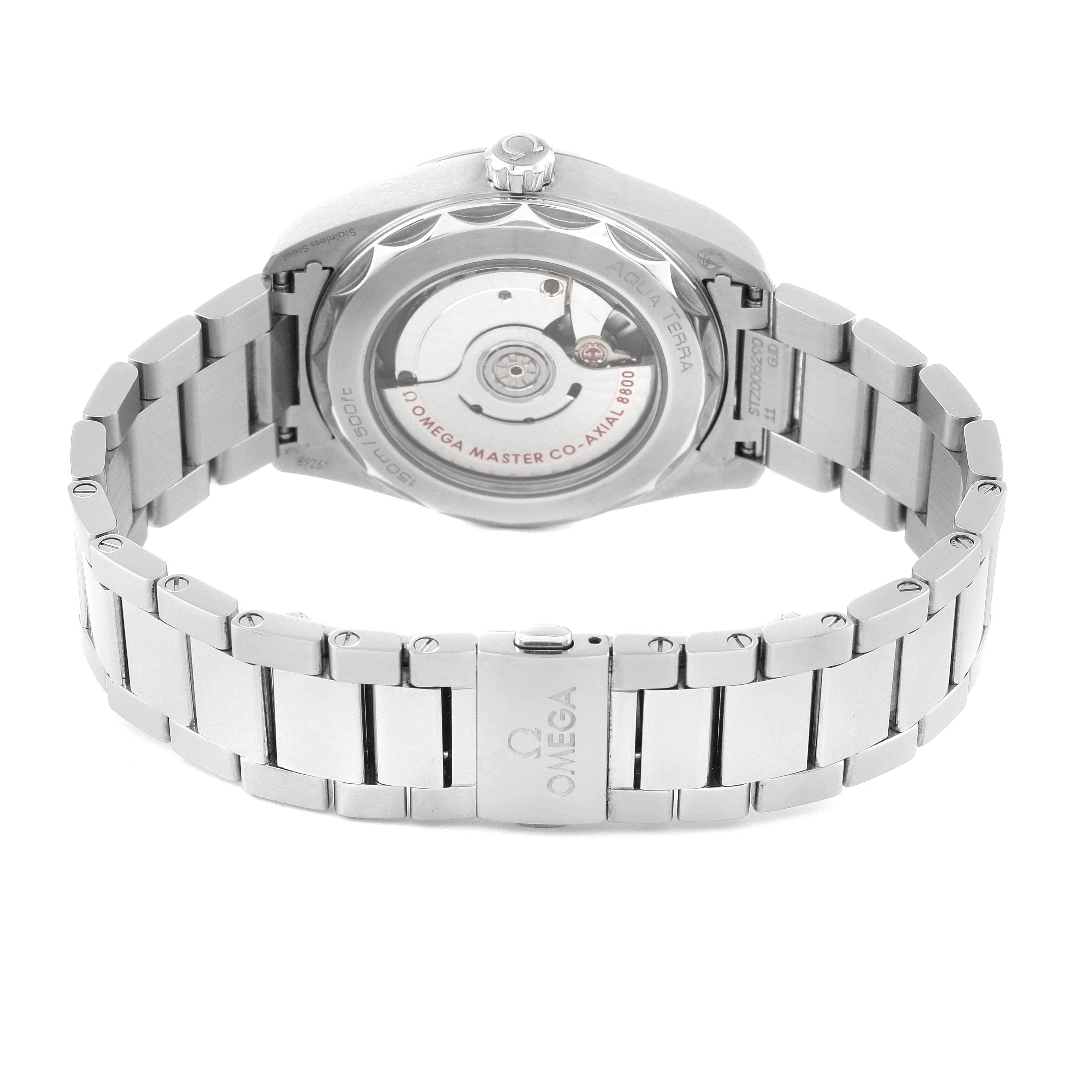 This image shows the back of an Omega Aqua Terra 220.10.38.20.03.001 Men
s Stainless Steel Blue Dial 220.10.38.20.03.001 Men
s Stainless Steel Blue Dial watch, featuring its open case back and stainless steel bracelet.