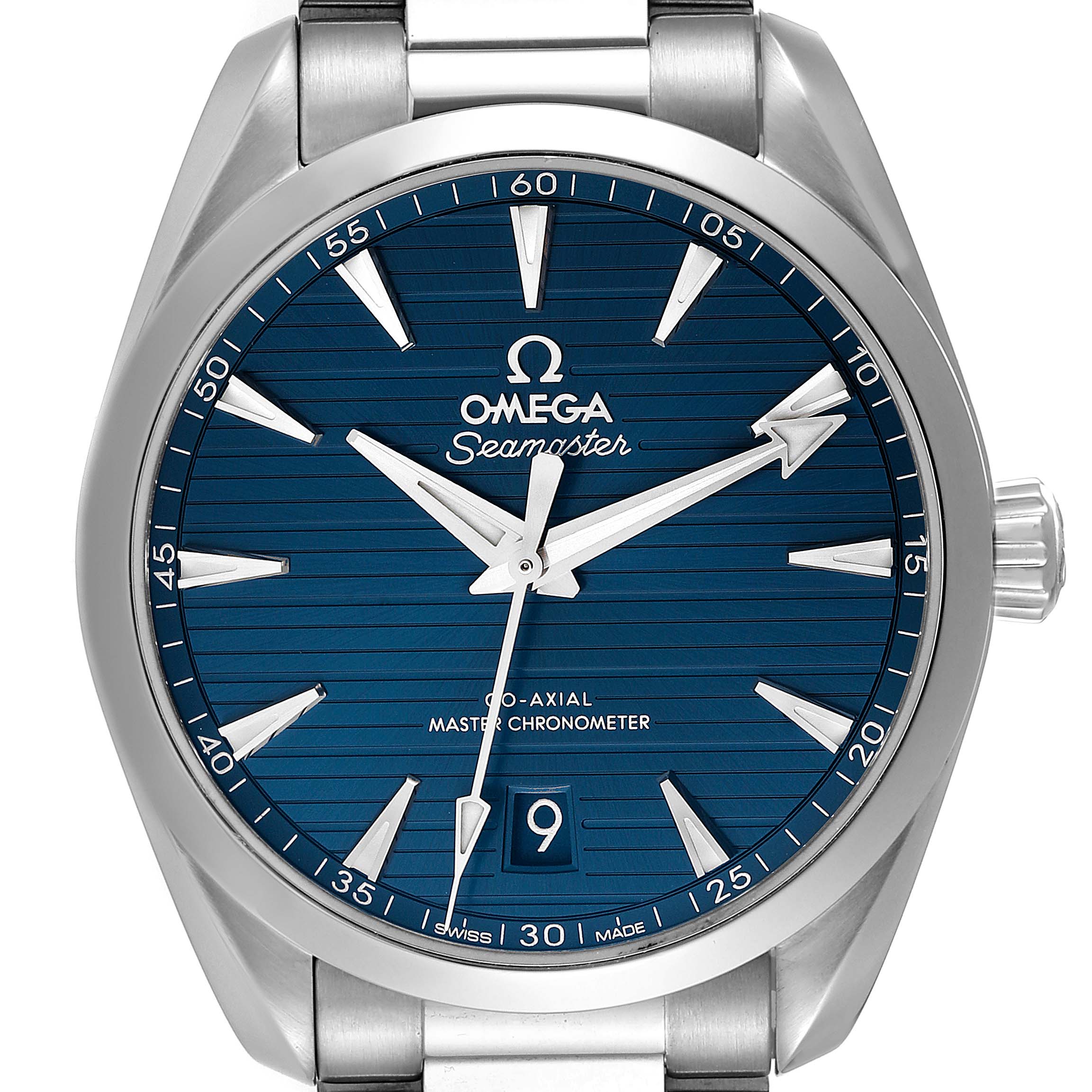 The image shows a front view of the Omega Seamaster Aqua Terra watch, highlighting its blue dial, hands, markers, and date window.