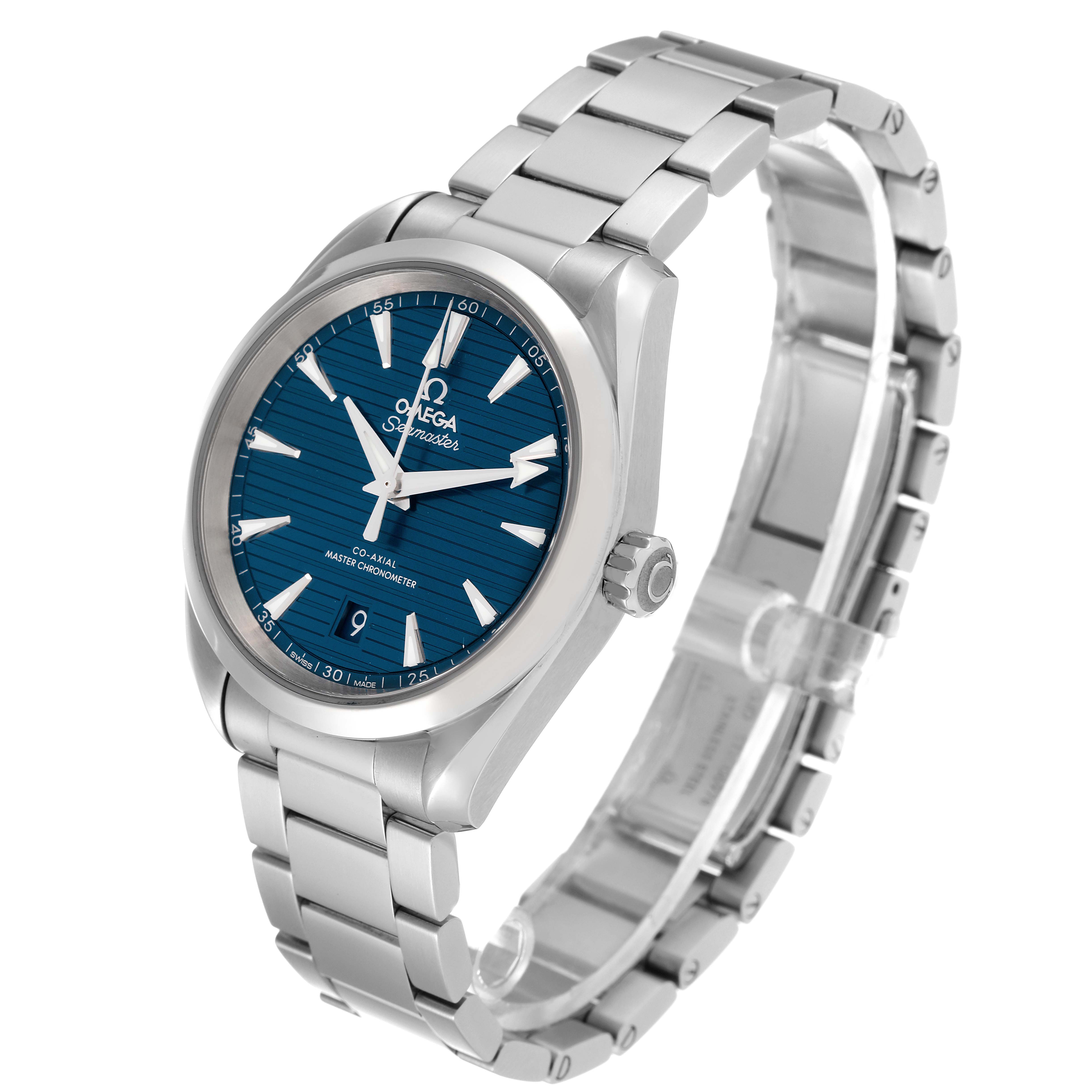 The image shows an Omega Aqua Terra 220.10.38.20.03.001 Men
s Stainless Steel Blue Dial 220.10.38.20.03.001 Men
s Stainless Steel Blue Dial watch at a slight side angle, highlighting its face, crown, and stainless steel bracelet.