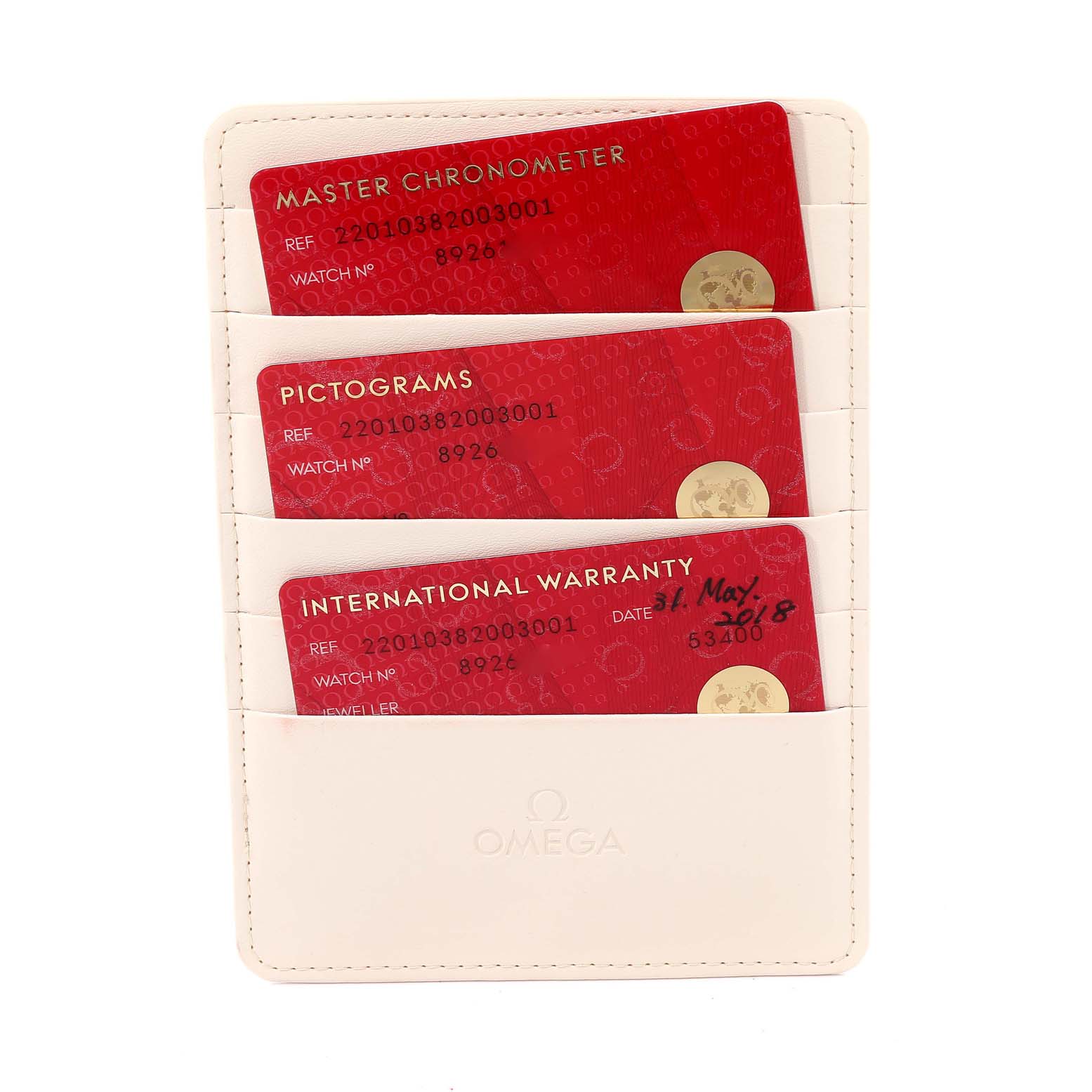 The image shows the warranty cards and documentation holder for the Omega Aqua Terra 220.10.38.20.03.001 Men
s Stainless Steel Blue Dial 220.10.38.20.03.001 Men
s Stainless Steel Blue Dial model, viewed from the front.