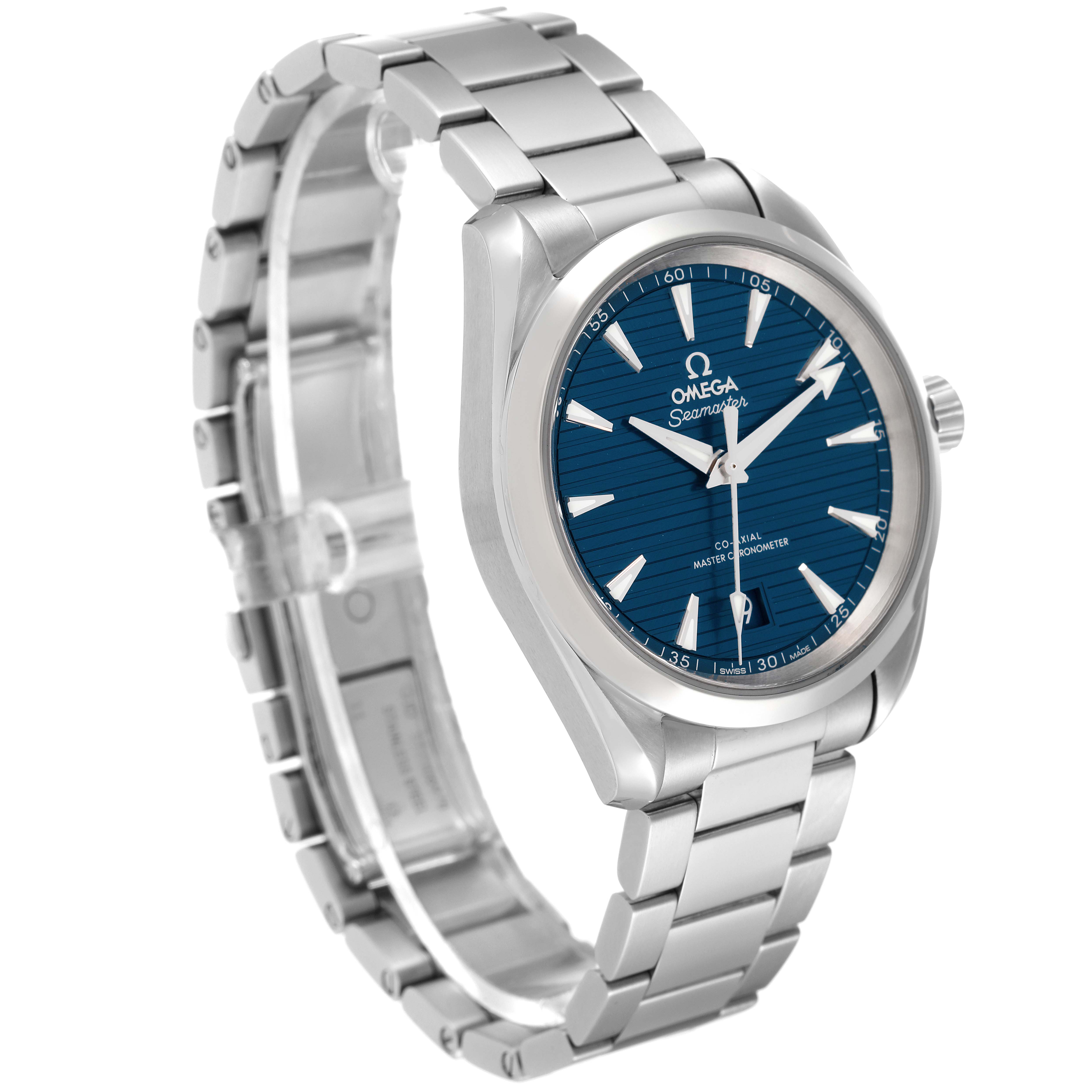 The image shows an Omega Aqua Terra 220.10.38.20.03.001 Men
s Stainless Steel Blue Dial 220.10.38.20.03.001 Men
s Stainless Steel Blue Dial watch angled to display the dial, case, crown, and bracelet.