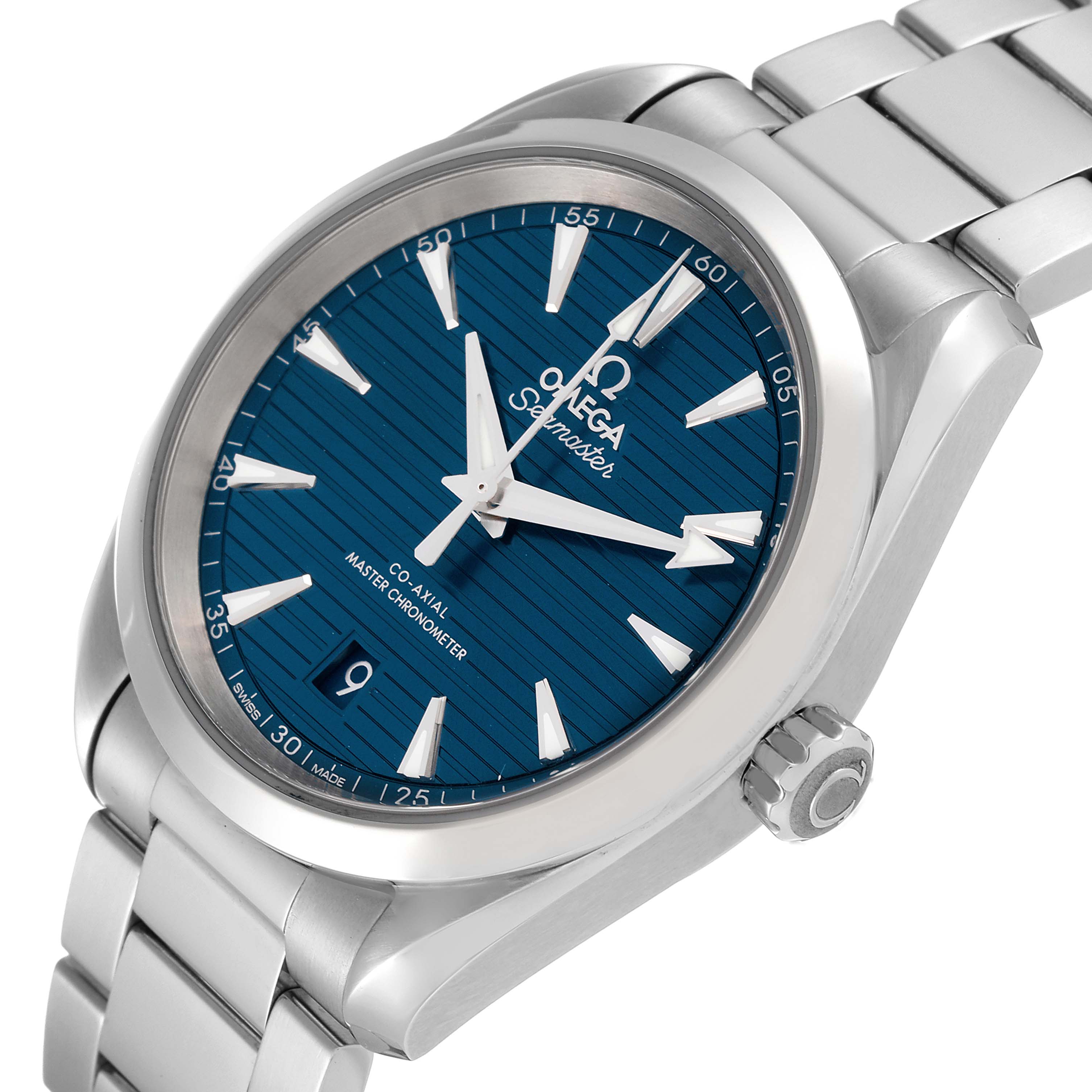The Omega Aqua Terra 220.10.38.20.03.001 Men
s Stainless Steel Blue Dial 220.10.38.20.03.001 Men
s Stainless Steel Blue Dial watch is shown from a three-quarter angle, highlighting its blue dial, stainless steel case, and bracelet.