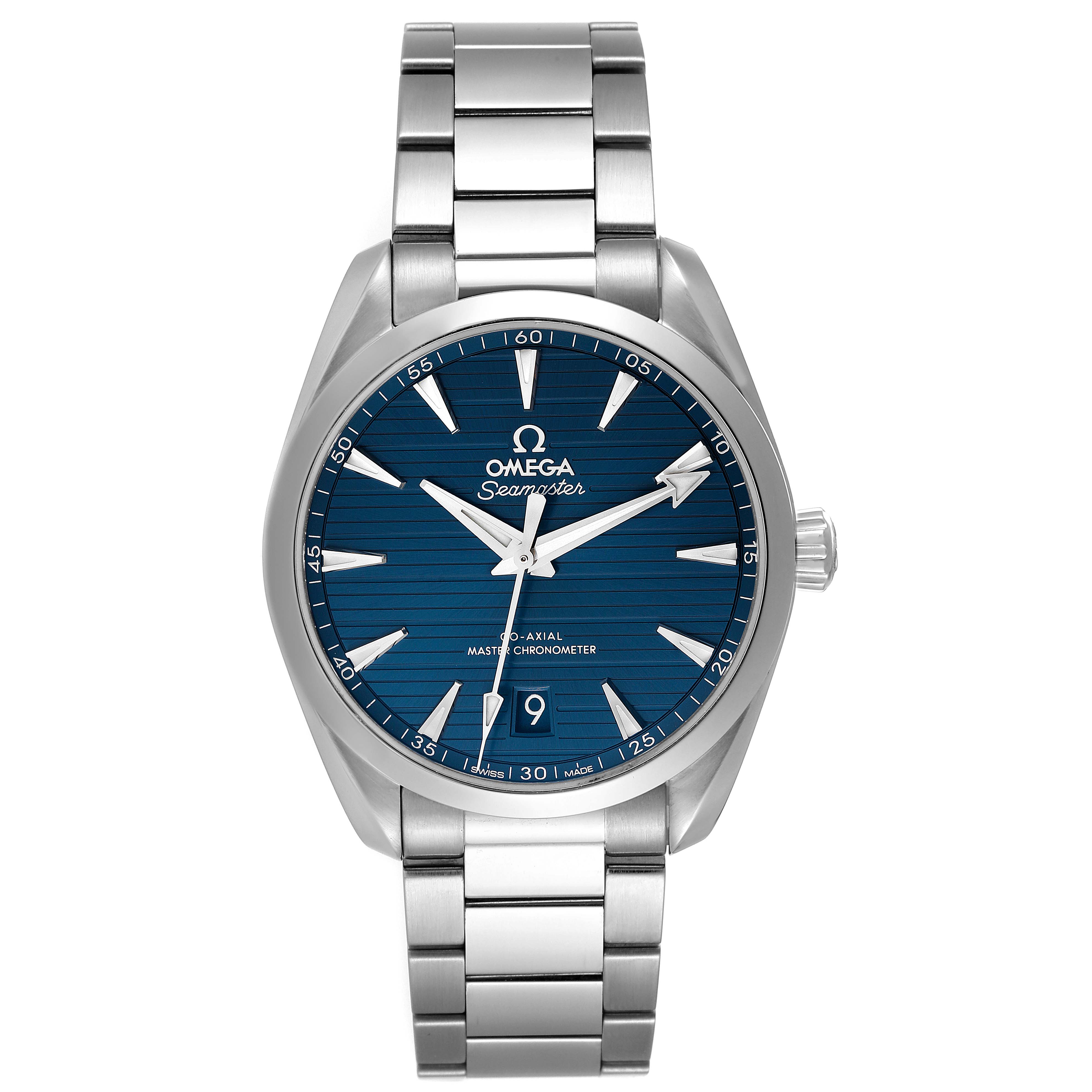 The image shows a front view of the Omega Aqua Terra 220.10.38.20.03.001 Men
s Stainless Steel Blue Dial 220.10.38.20.03.001 Men
s Stainless Steel Blue Dial watch, highlighting its blue dial and stainless steel bracelet.