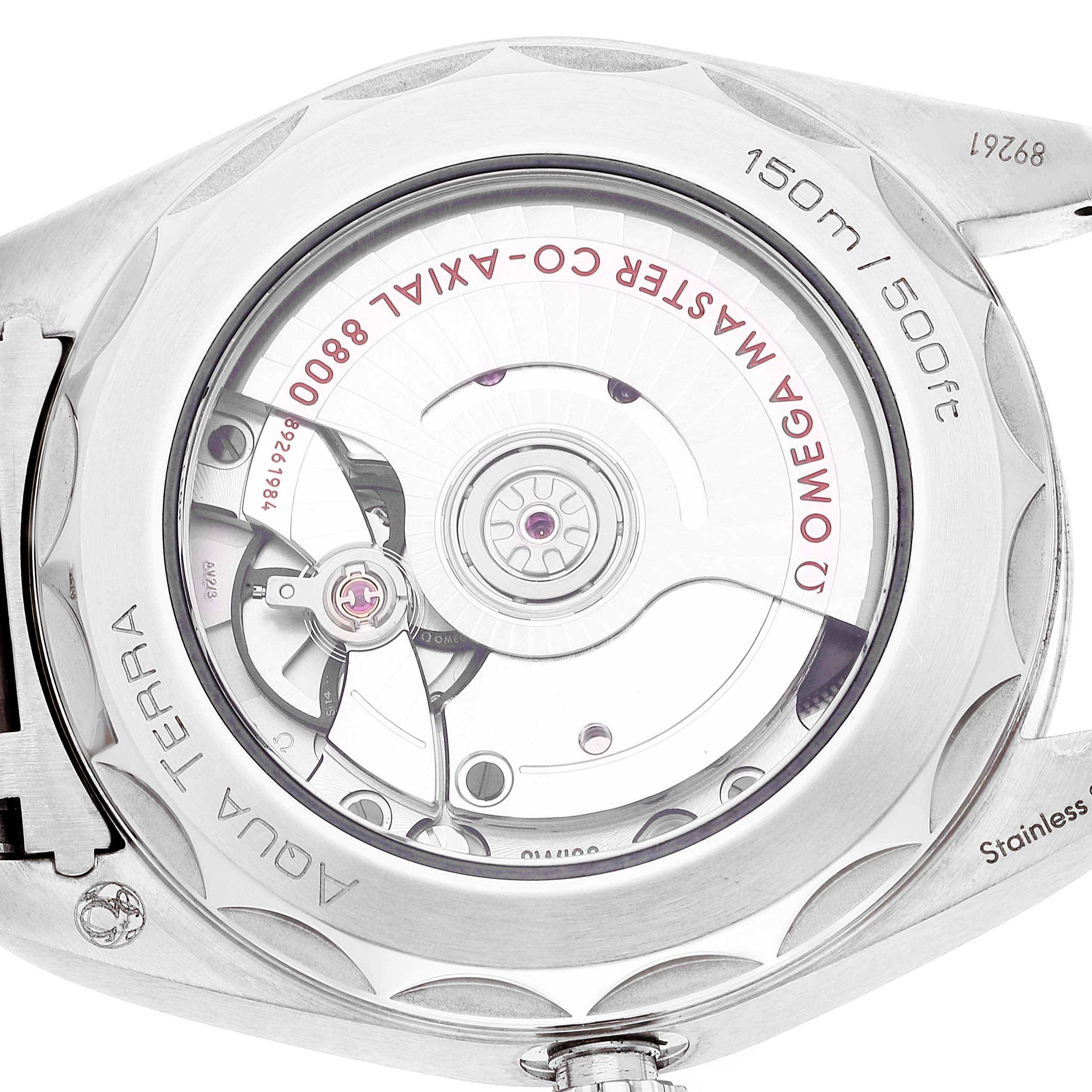 The image shows the back case and movement of the Omega Aqua Terra 220.10.38.20.03.001 Men
s Stainless Steel Blue Dial 220.10.38.20.03.001 Men
s Stainless Steel Blue Dial watch, displaying the co-axial 8800 mechanism.