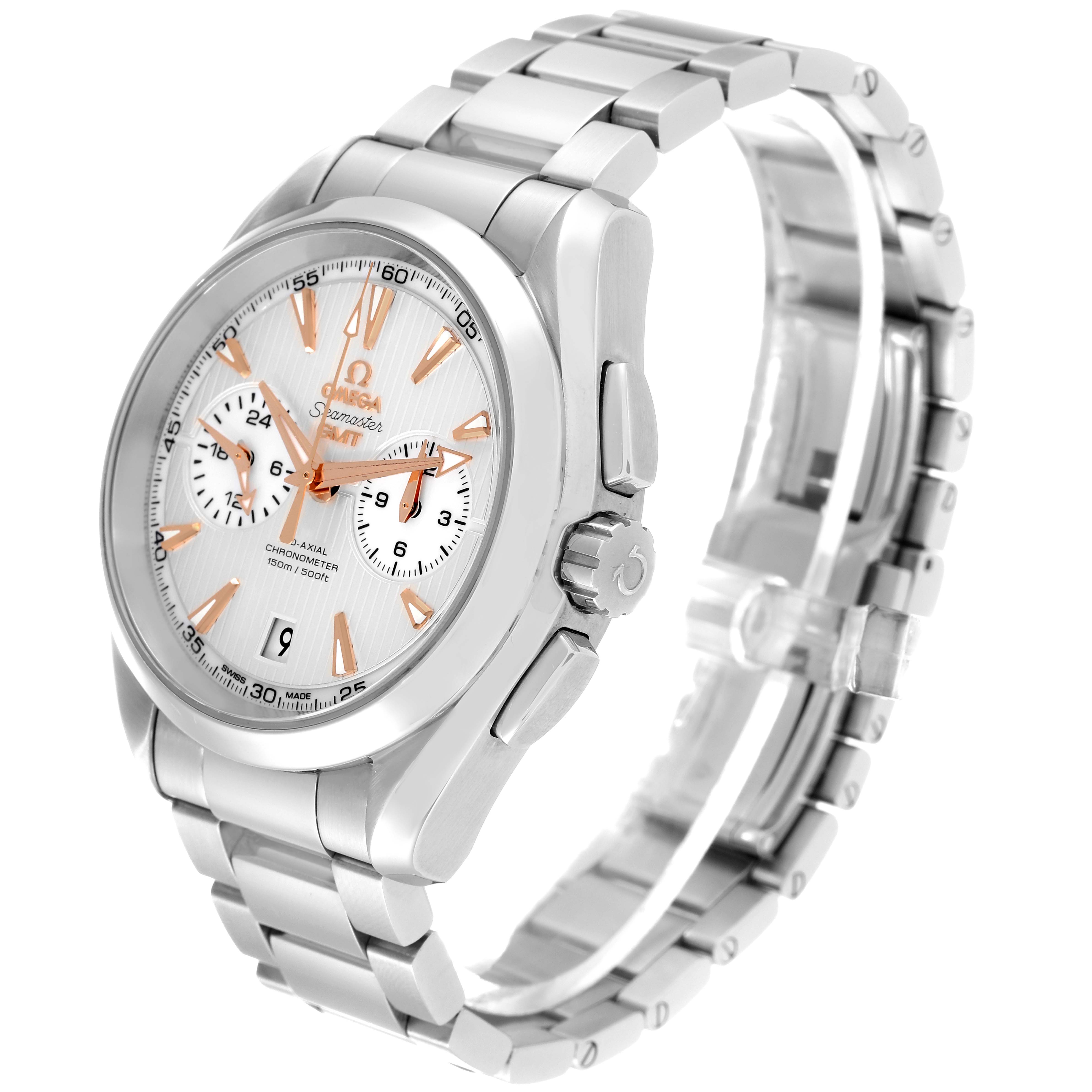 This image shows an angled view of an Omega Aqua Terra 231.10.43.52.02.001 Men's Stainless Steel Silver Dial 231.10.43.52.02.001 Men's Stainless Steel Silver Dial watch, highlighting the bracelet and dial.