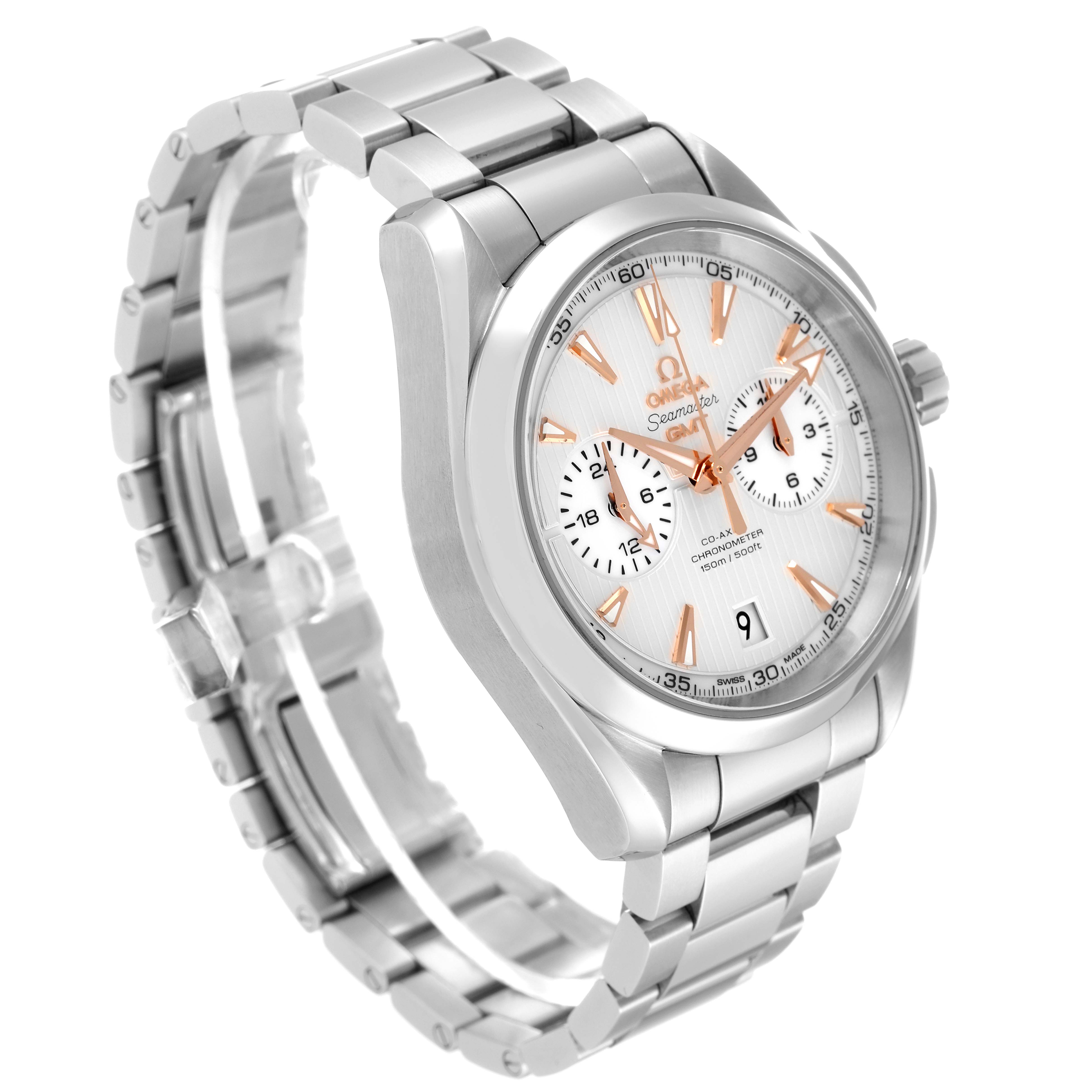 The Omega Aqua Terra 231.10.43.52.02.001 Men's Stainless Steel Silver Dial 231.10.43.52.02.001 Men's Stainless Steel Silver Dial watch is shown at a three-quarter angle, highlighting the dial, case, and part of the bracelet.