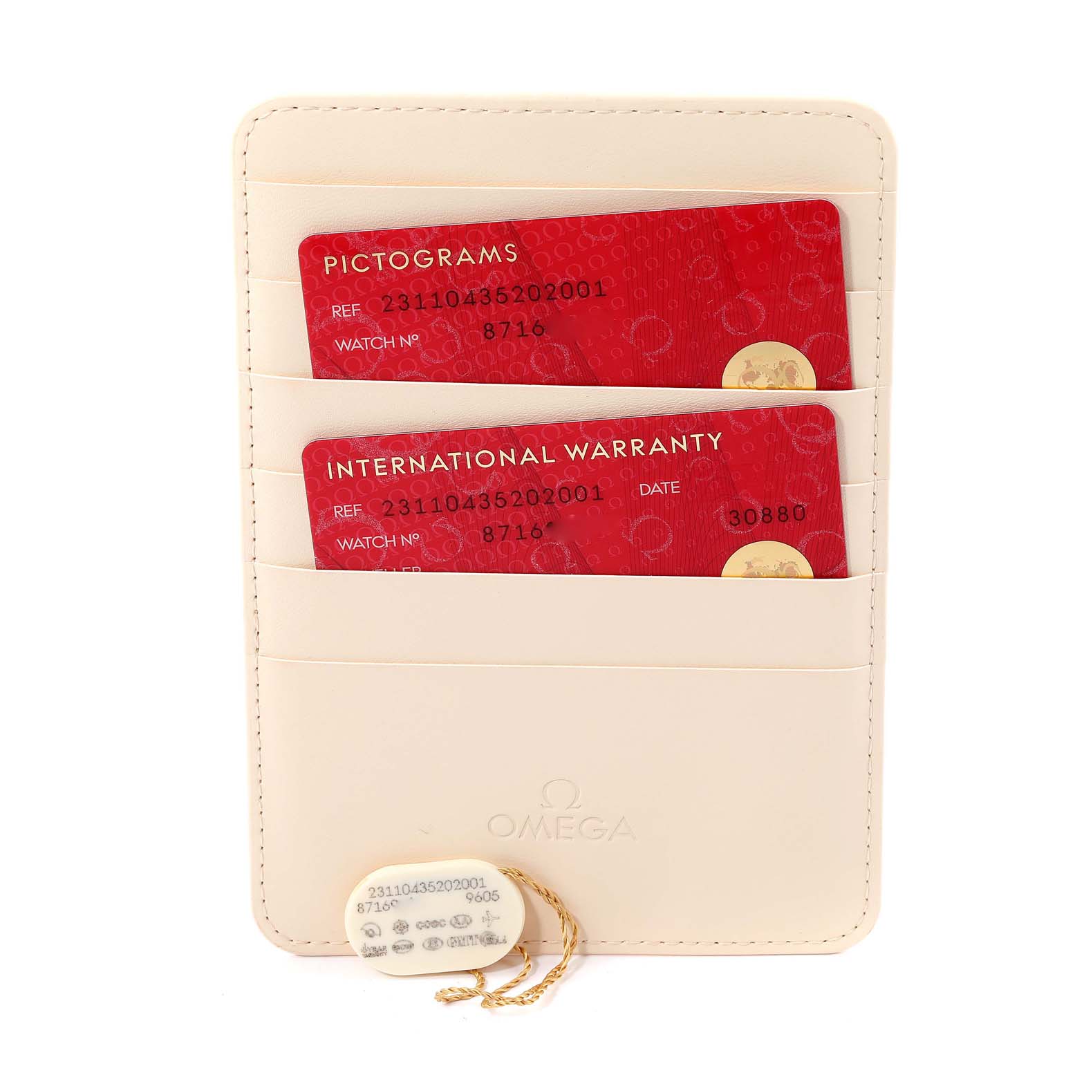 This image shows an Omega Aqua Terra 231.10.43.52.02.001 Men's Stainless Steel Silver Dial 231.10.43.52.02.001 Men's Stainless Steel Silver Dial watch's international warranty and pictogram cards in a cardholder.