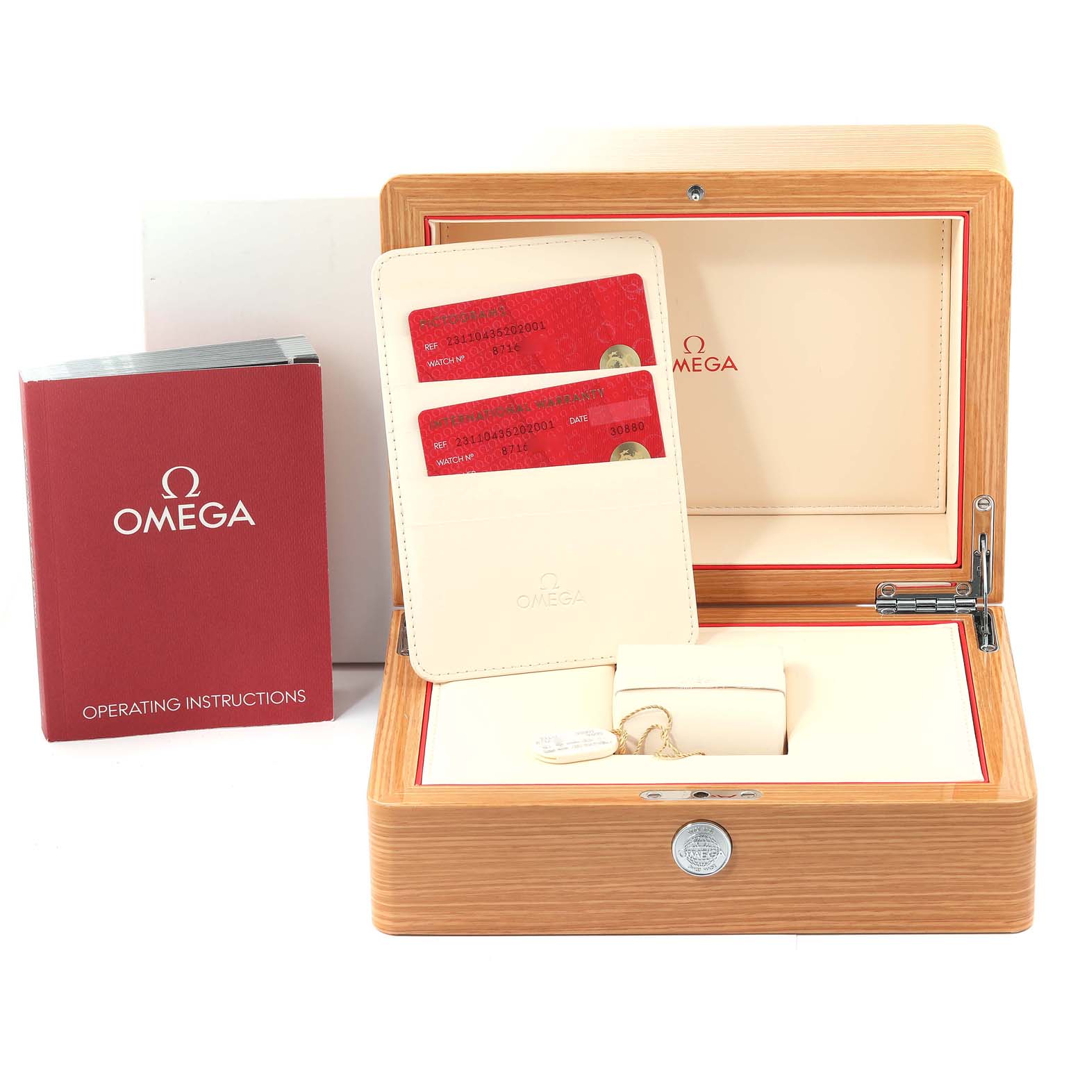 The image shows the open box, operating instructions, and warranty cards for the Omega Aqua Terra 231.10.43.52.02.001 Men's Stainless Steel Silver Dial 231.10.43.52.02.001 Men's Stainless Steel Silver Dial watch.