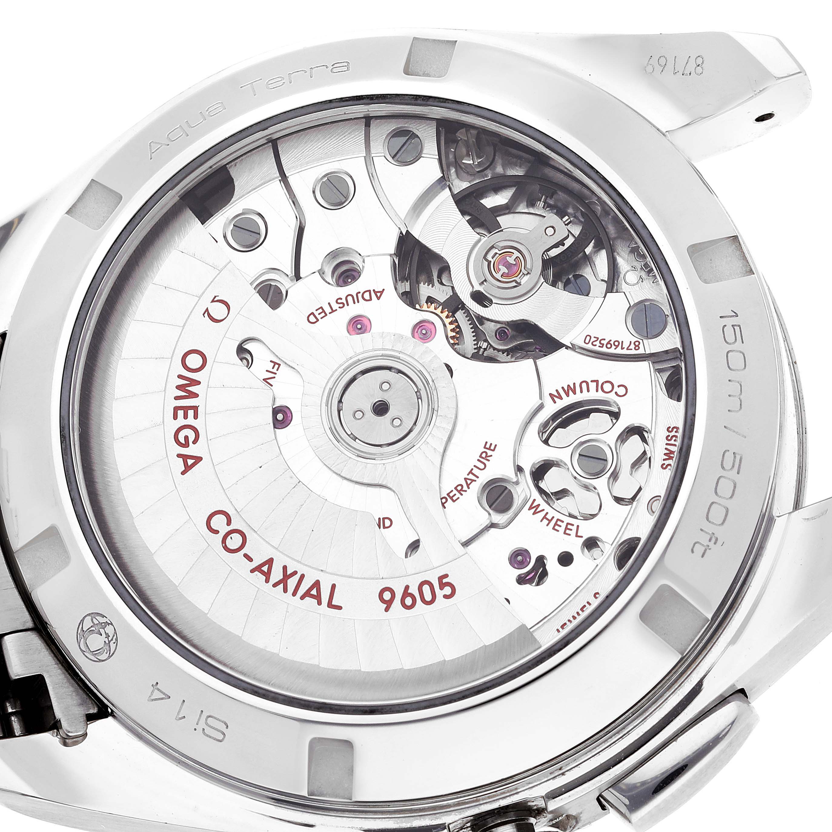 This image shows the back of an Omega Aqua Terra 231.10.43.52.02.001 Men's Stainless Steel Silver Dial 231.10.43.52.02.001 Men's Stainless Steel Silver Dial watch, highlighting its Co-Axial 9605 movement.
