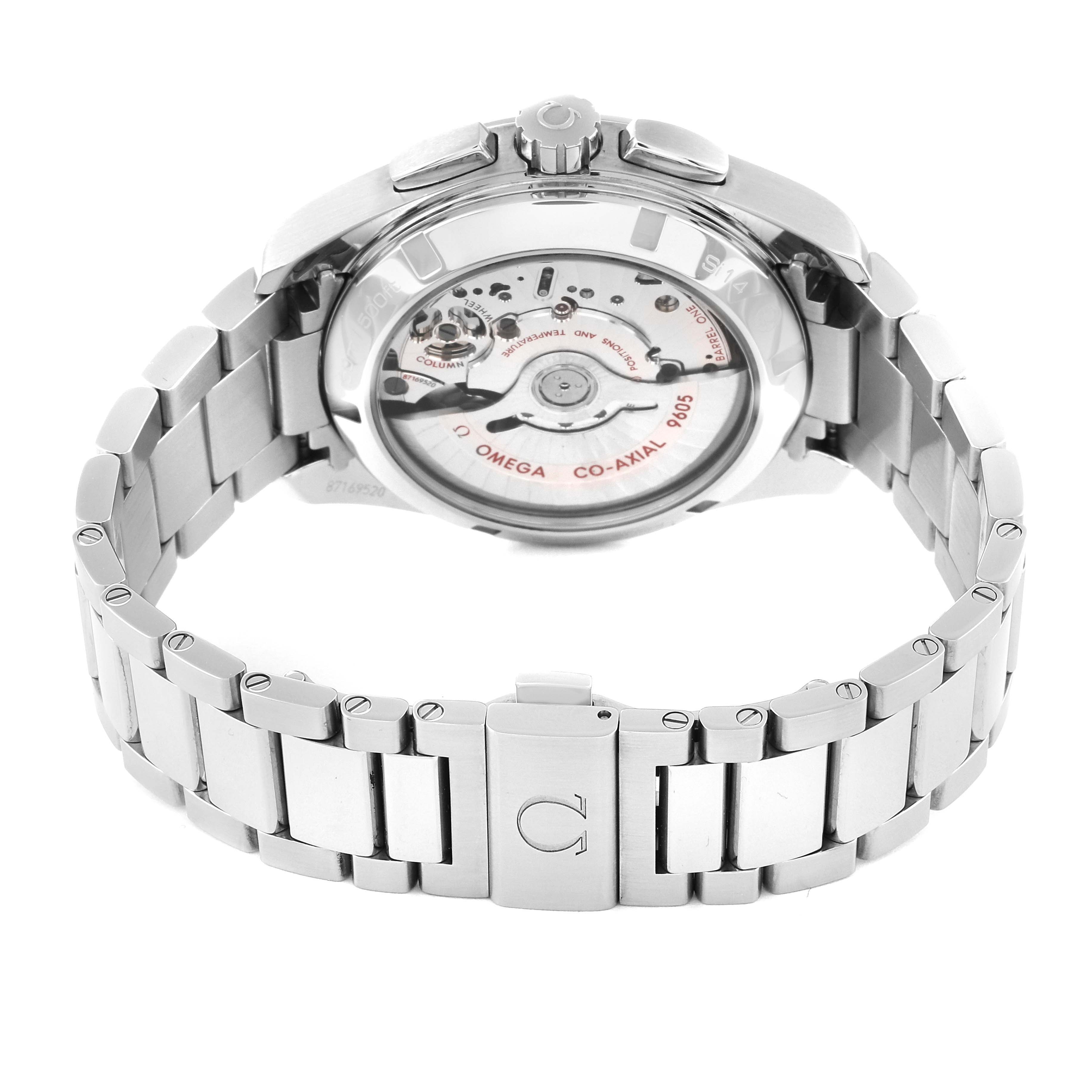 The image shows the back of an Omega Aqua Terra 231.10.43.52.02.001 Men's Stainless Steel Silver Dial 231.10.43.52.02.001 Men's Stainless Steel Silver Dial watch, highlighting its movement and metal bracelet.