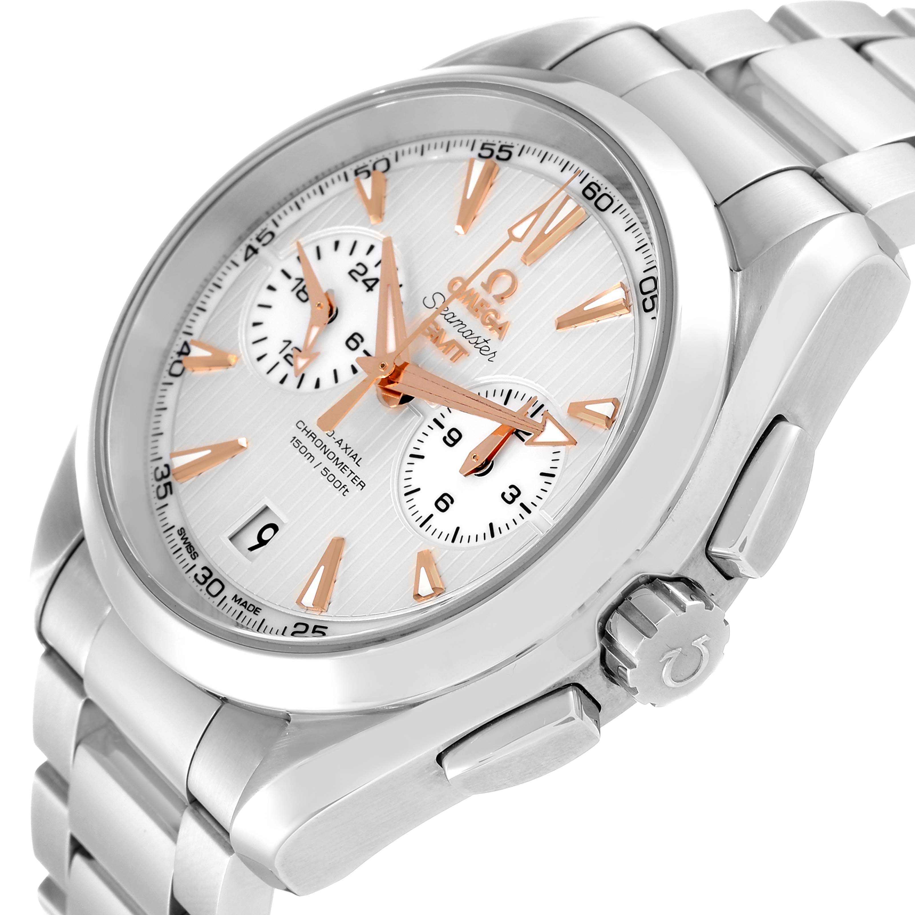 The image shows a front and slightly off-center view of the Omega Aqua Terra 231.10.43.52.02.001 Men's Stainless Steel Silver Dial 231.10.43.52.02.001 Men's Stainless Steel Silver Dial watch, including its strap, dial, and crown.