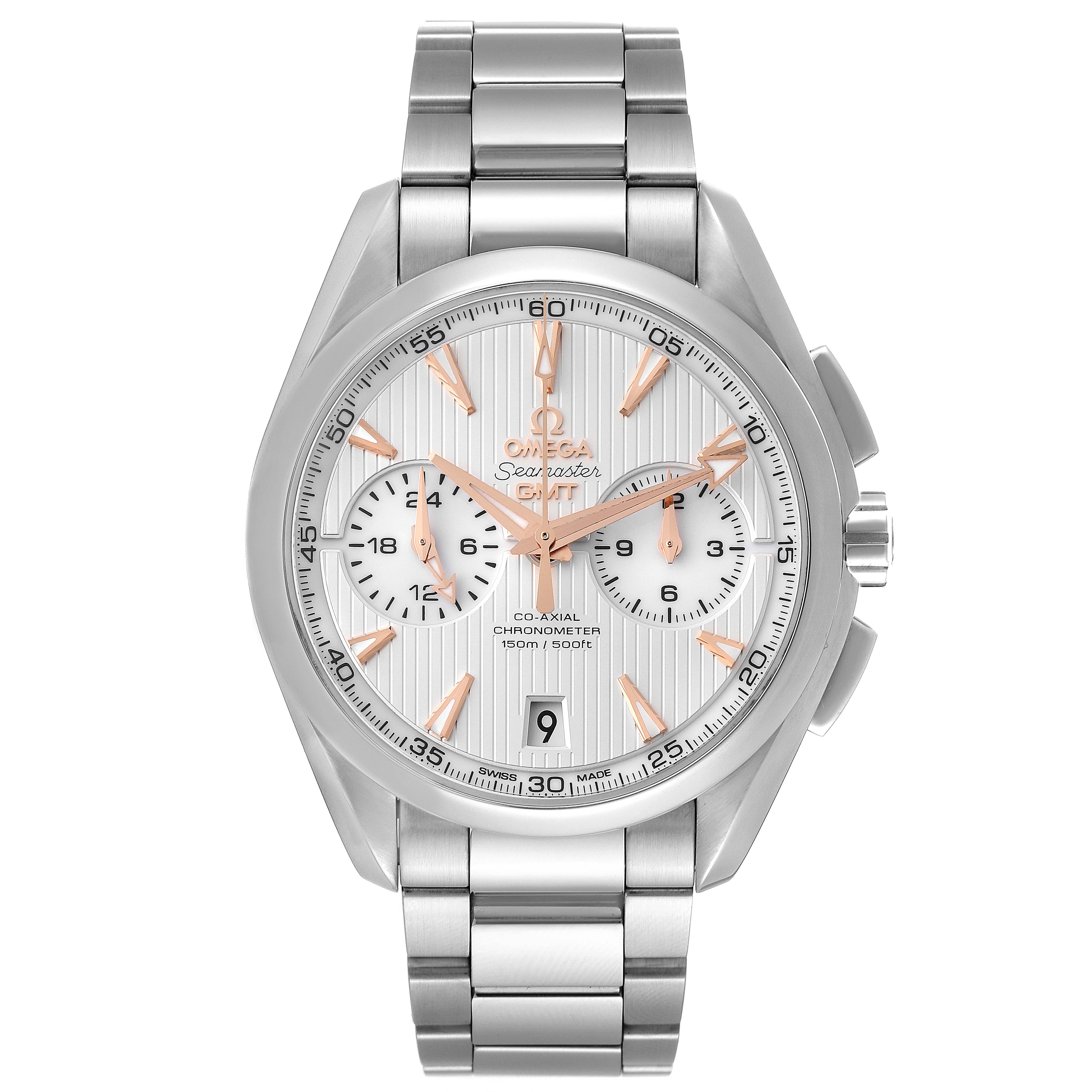 The image shows a front view of an Omega Aqua Terra 231.10.43.52.02.001 Men's Stainless Steel Silver Dial 231.10.43.52.02.001 Men's Stainless Steel Silver Dial watch, highlighting the dial, subdials, and bracelet.