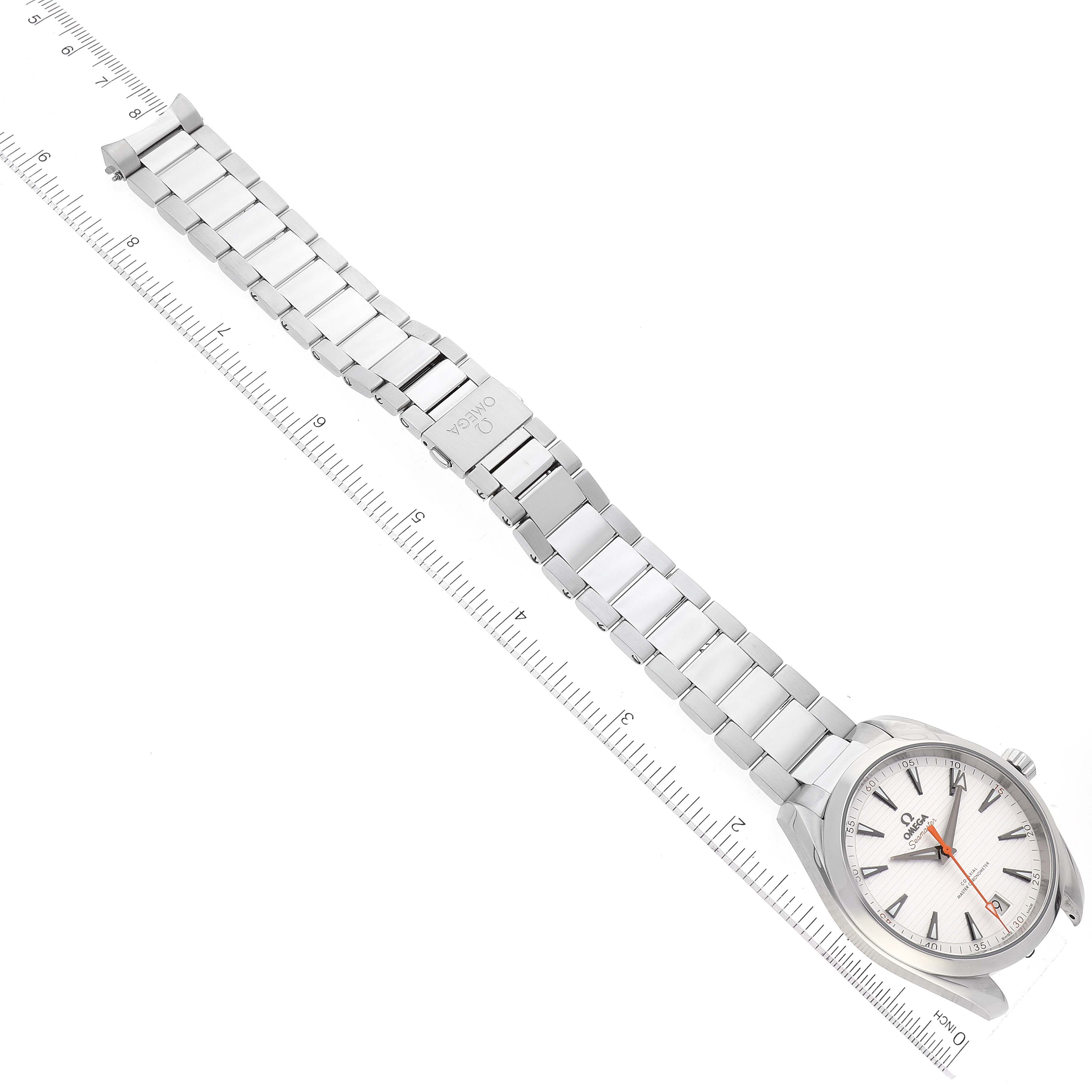 The image shows an Omega Aqua Terra 220.10.41.21.02.001 Men's Stainless Steel Silver Dial 220.10.41.21.02.001 Men's Stainless Steel Silver Dial watch positioned diagonally, displaying both the watch face and stainless steel band.