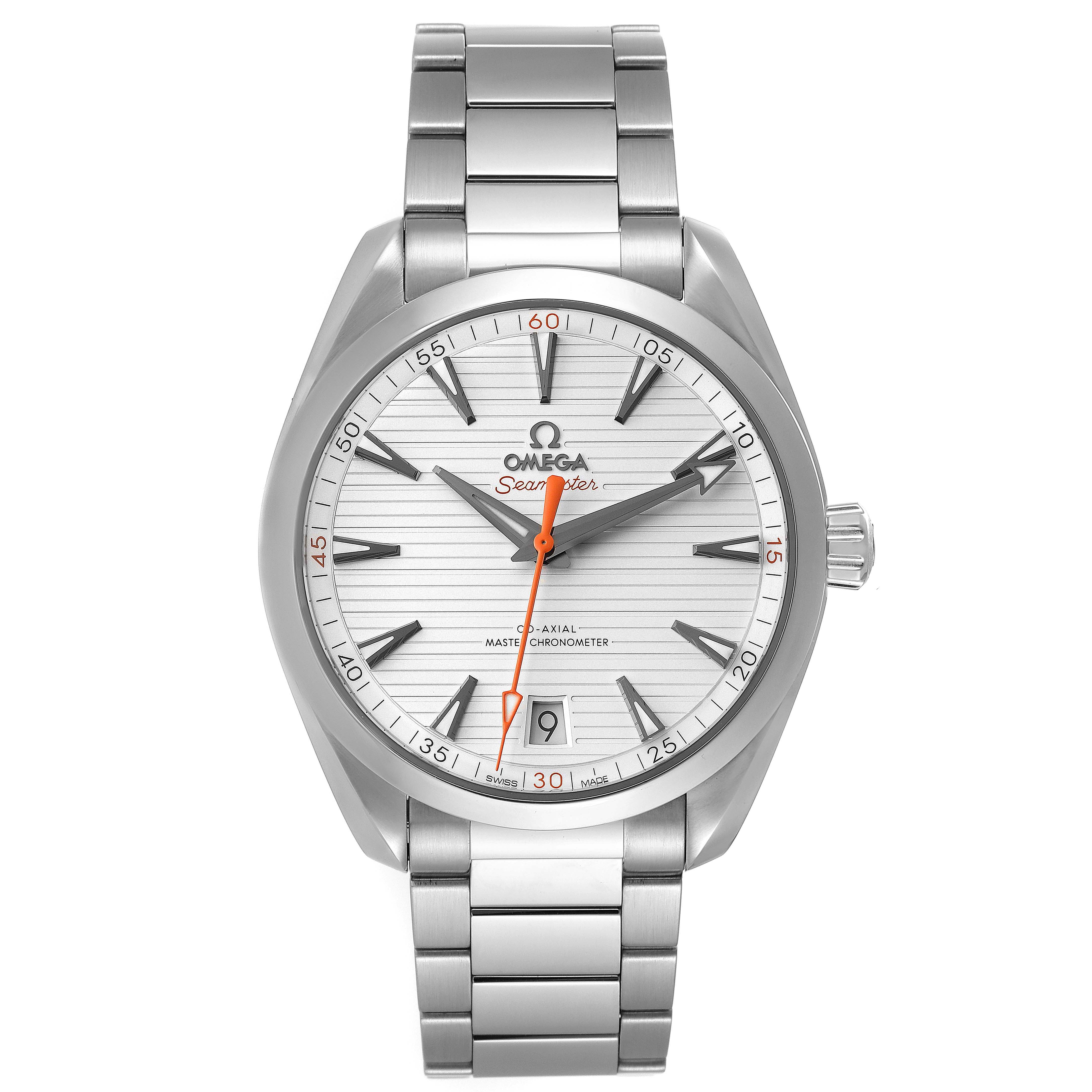 The image shows a front view of the Omega Aqua Terra 220.10.41.21.02.001 Men's Stainless Steel Silver Dial 220.10.41.21.02.001 Men's Stainless Steel Silver Dial watch, displaying the dial, hands, crown, and metal bracelet.