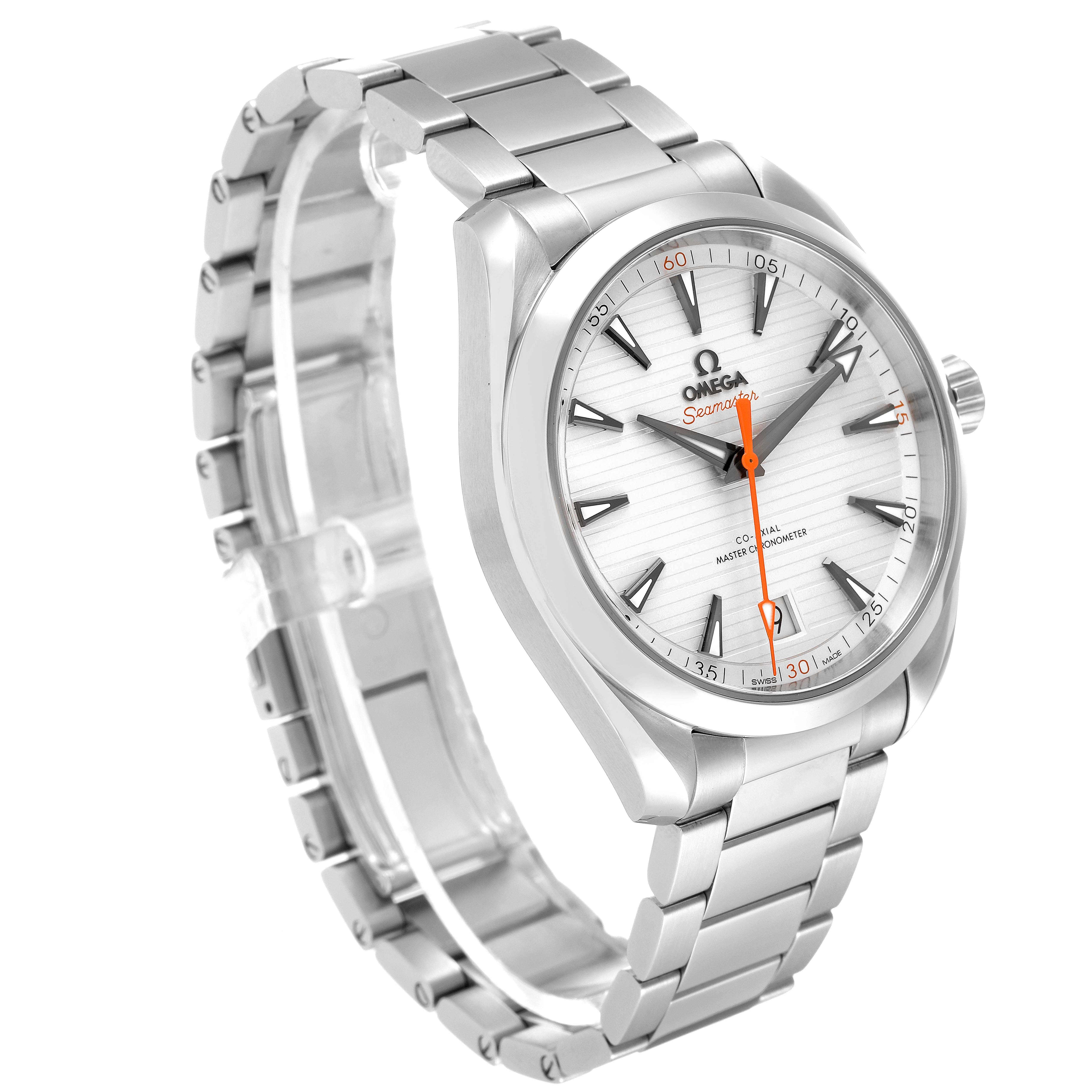 The image shows an Omega Aqua Terra 220.10.41.21.02.001 Men's Stainless Steel Silver Dial 220.10.41.21.02.001 Men's Stainless Steel Silver Dial watch at a three-quarter angle, displaying the face, crown, and metal bracelet.