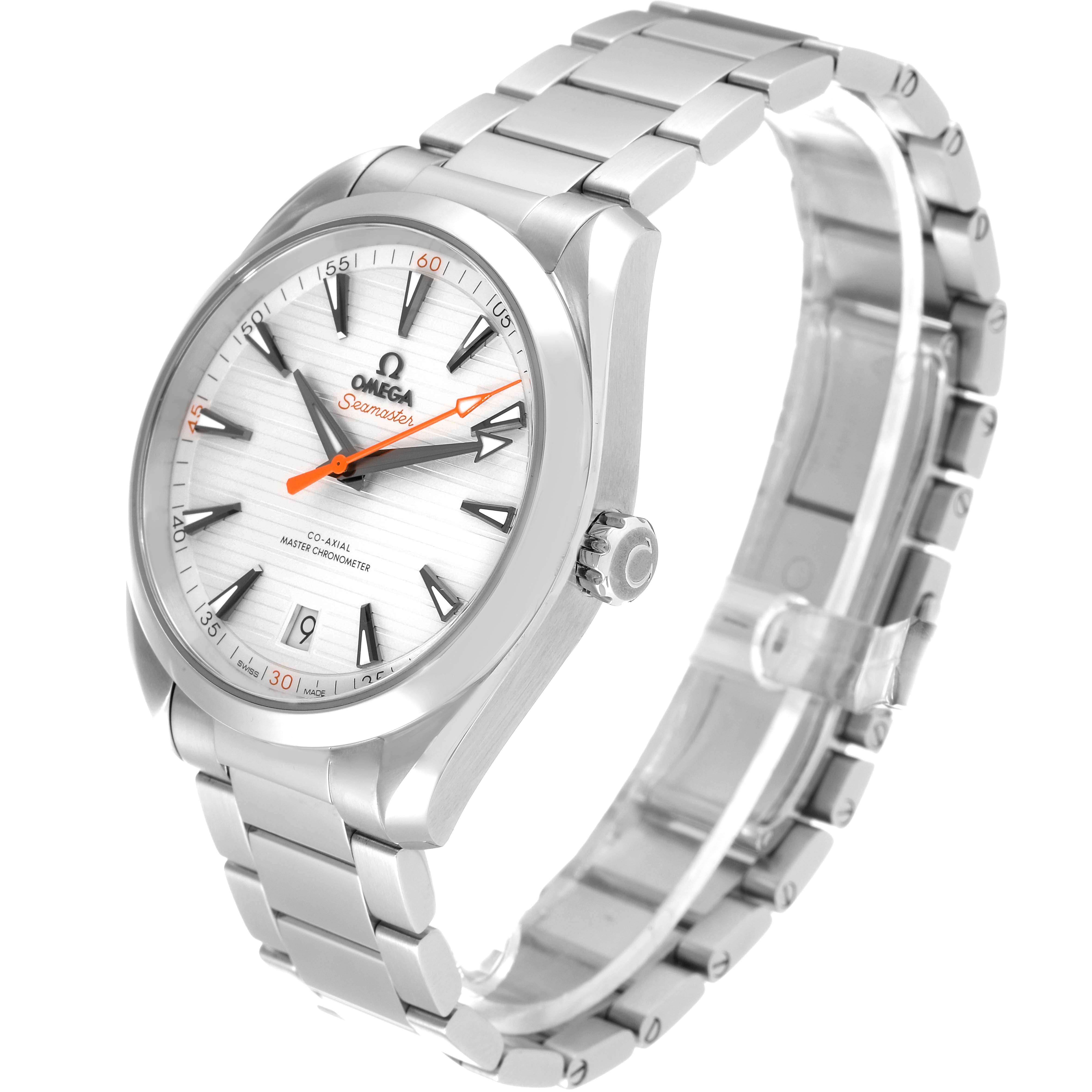 This Omega Aqua Terra 220.10.41.21.02.001 Men's Stainless Steel Silver Dial 220.10.41.21.02.001 Men's Stainless Steel Silver Dial watch is shown from a three-quarter angle highlighting the face, bezel, crown, and stainless steel bracelet.