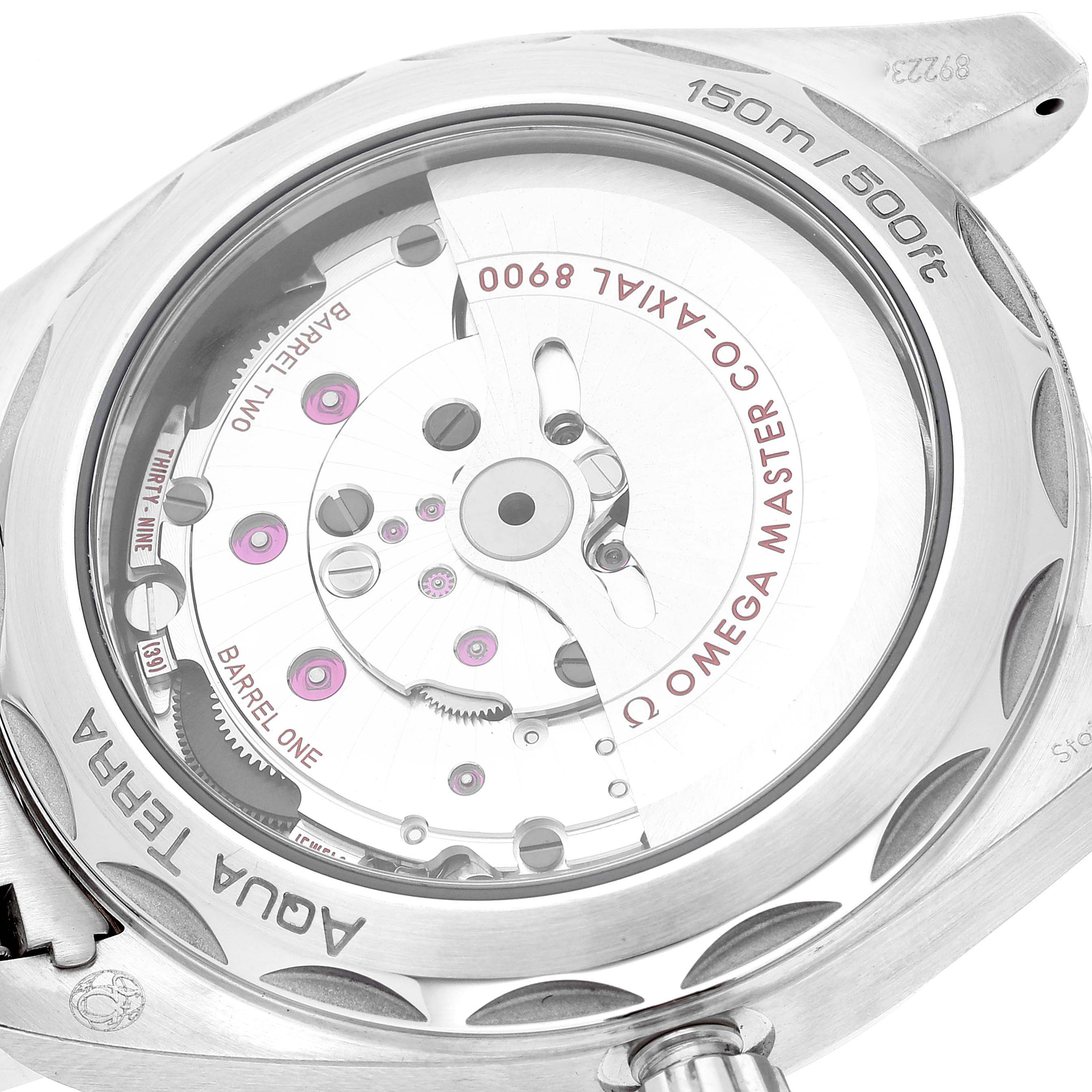 The image shows the back view of the Omega Aqua Terra 220.10.41.21.02.001 Men's Stainless Steel Silver Dial 220.10.41.21.02.001 Men's Stainless Steel Silver Dial watch, revealing its internal movement mechanism and engravings.