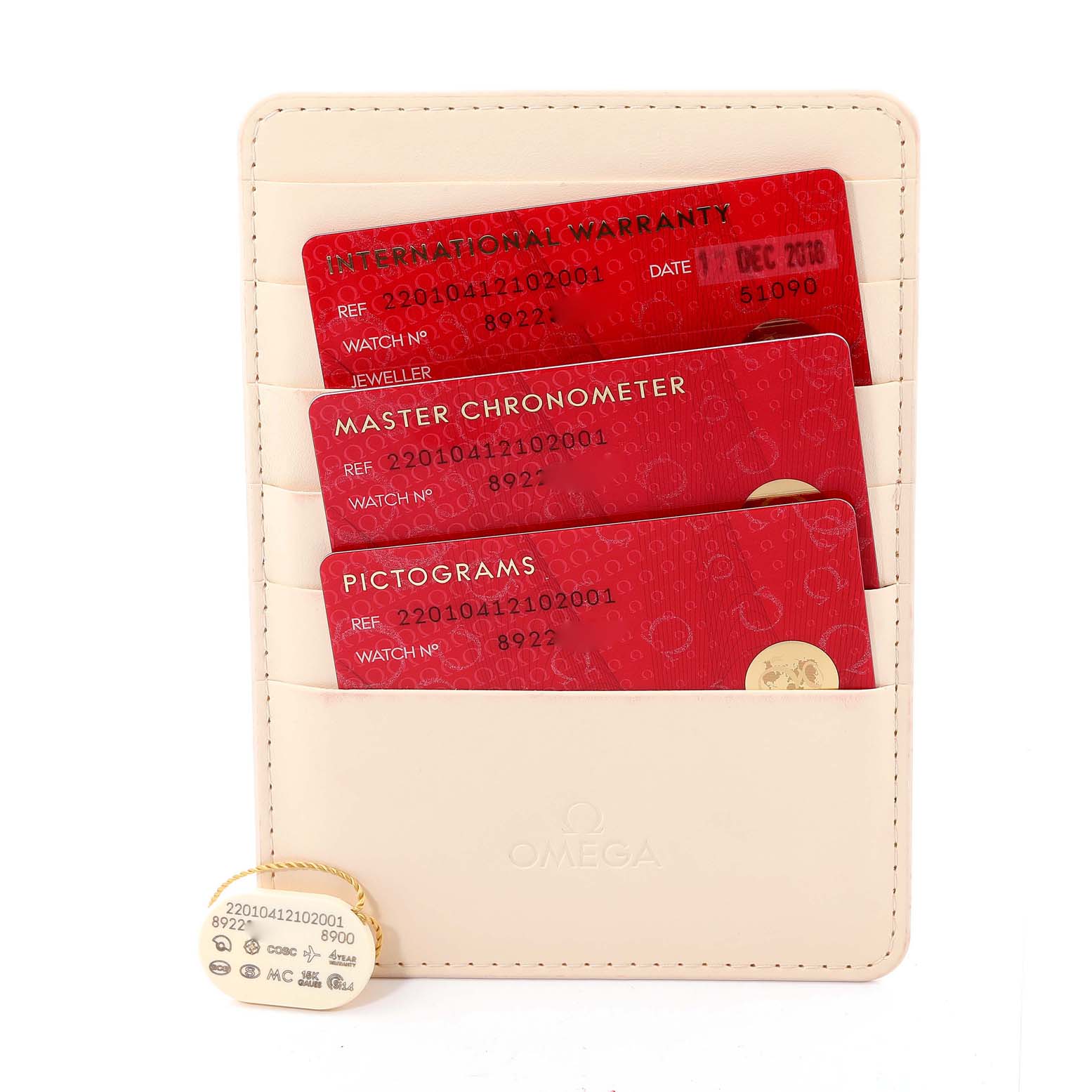 The image shows Omega Aqua Terra 220.10.41.21.02.001 Men's Stainless Steel Silver Dial 220.10.41.21.02.001 Men's Stainless Steel Silver Dial model warranty cards and a tag, all stored in a beige Omega-branded cardholder.